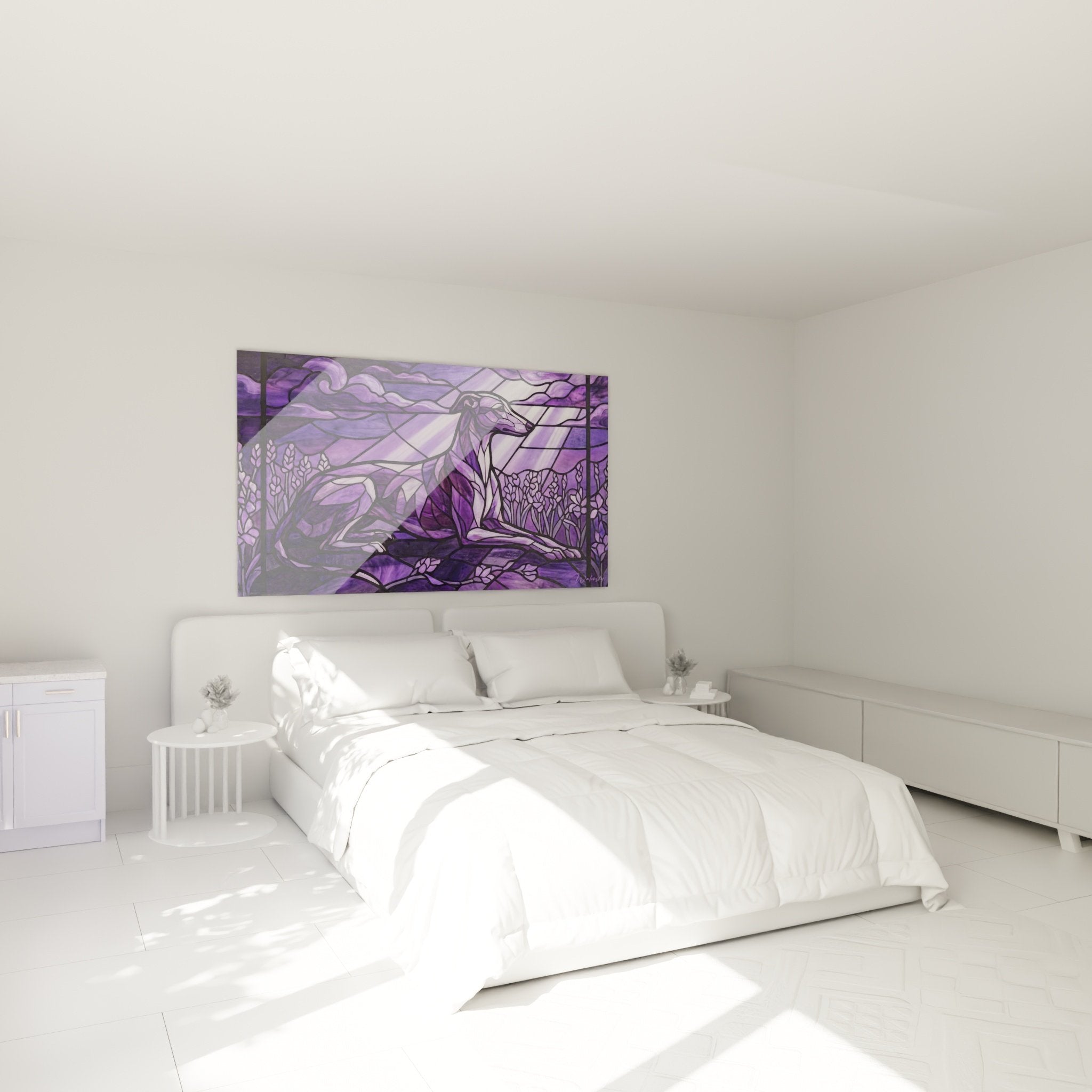 Décoration chambre tableau lévrier violet vitrail mur blanc ambiance zen