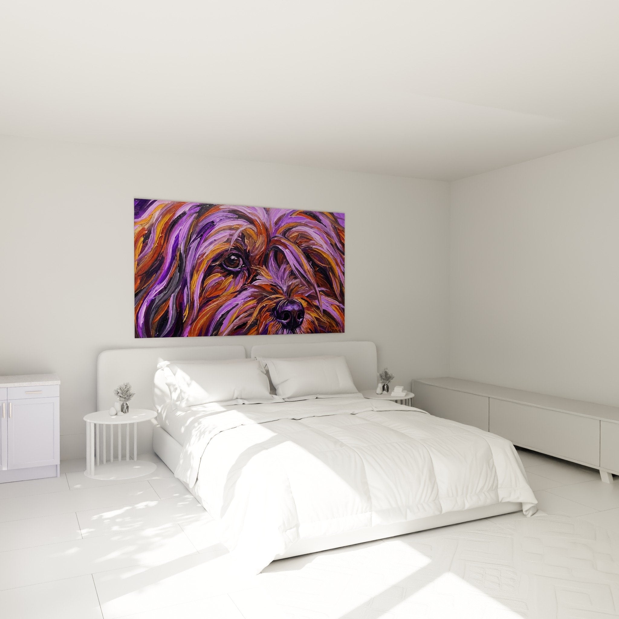 Tableau Lhassa Apso violet orange dans chambre moderne decoration murale artistique chien poils longs