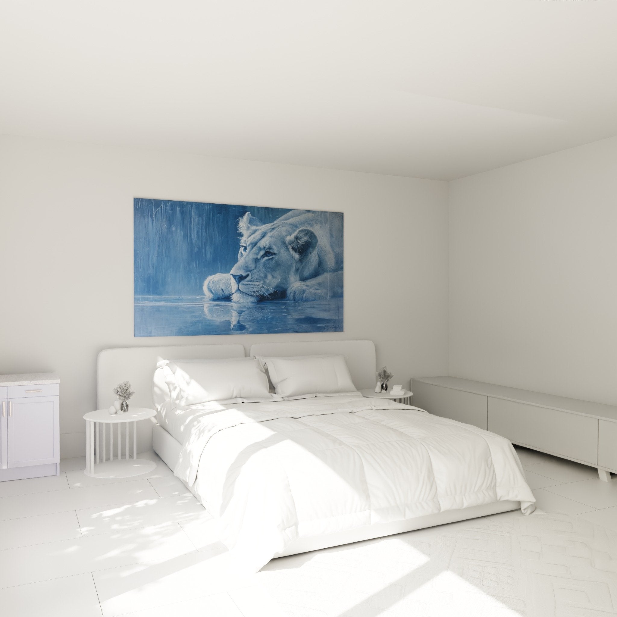 Decorazione camera quadro leone blu contemplativo atmosfera rilassante arte murale