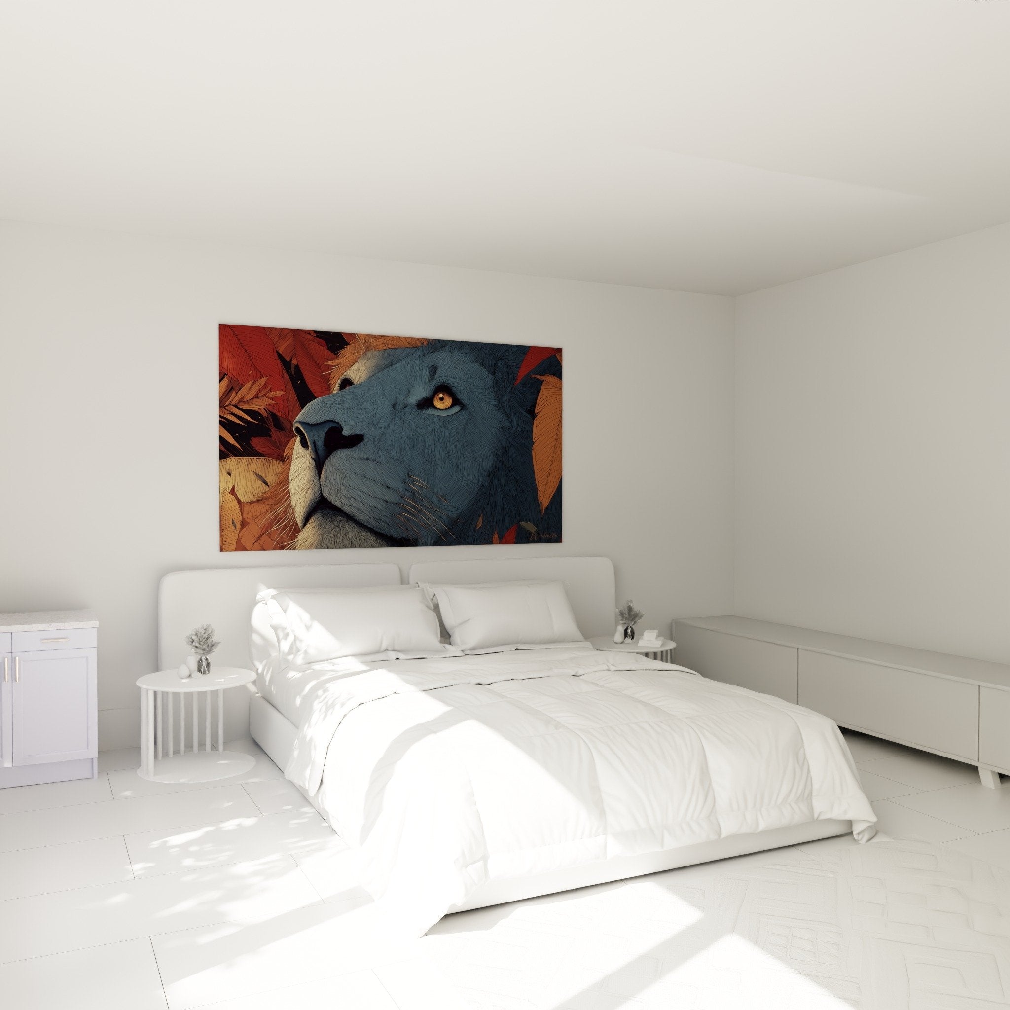 Tableau portrait de lion bleu et cuivre dans une chambre moderne avec décoration contemporaine et éclairage tamisé