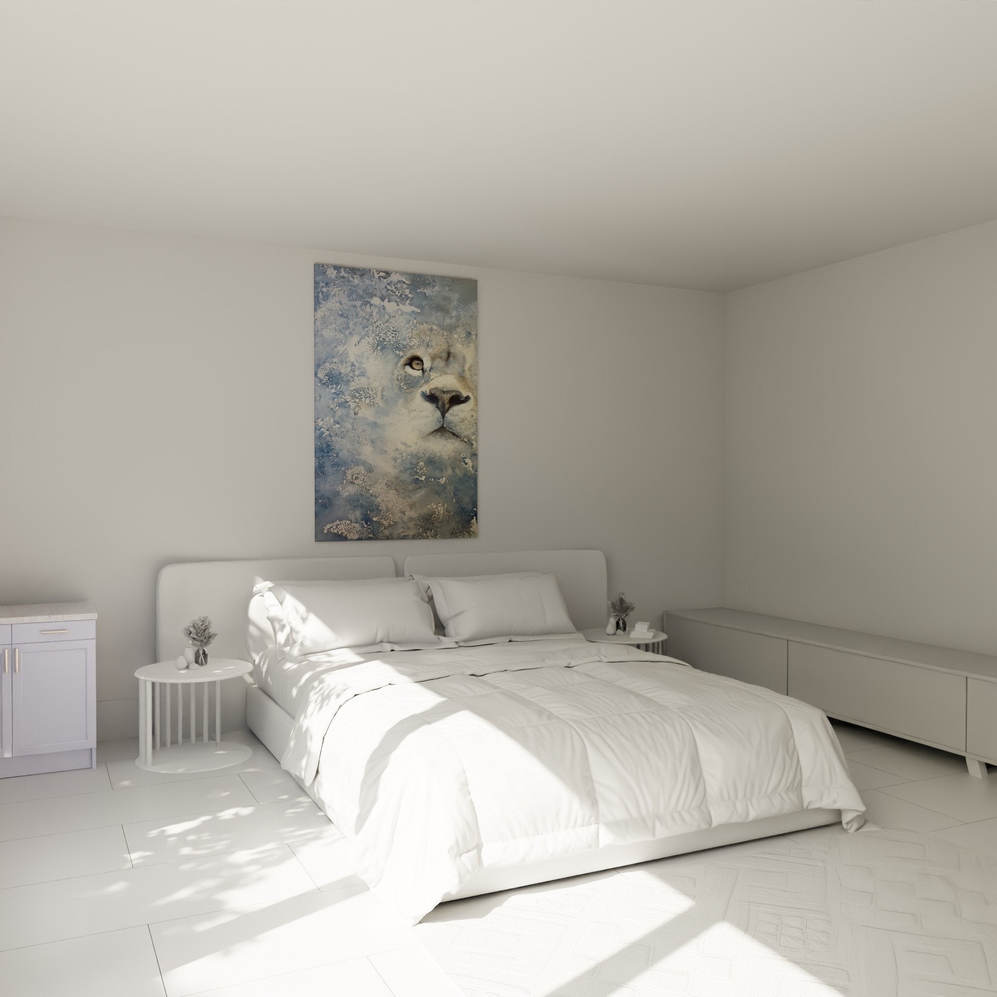 Tableau lion nuages bleus dores accroche au mur chambre decoration murale elegante