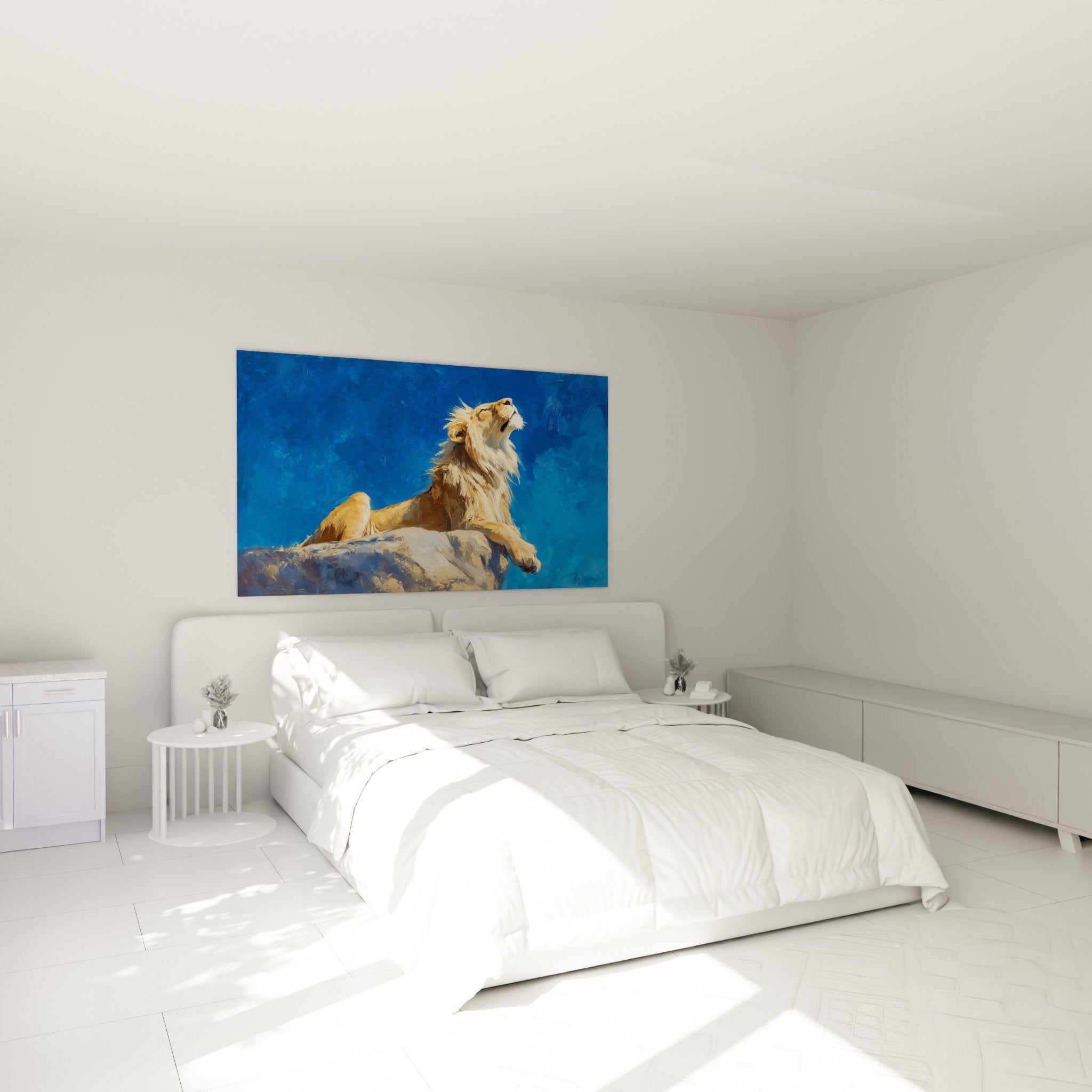 Décoration chambre avec tableau lion majestueux bleu doré au-dessus du lit
