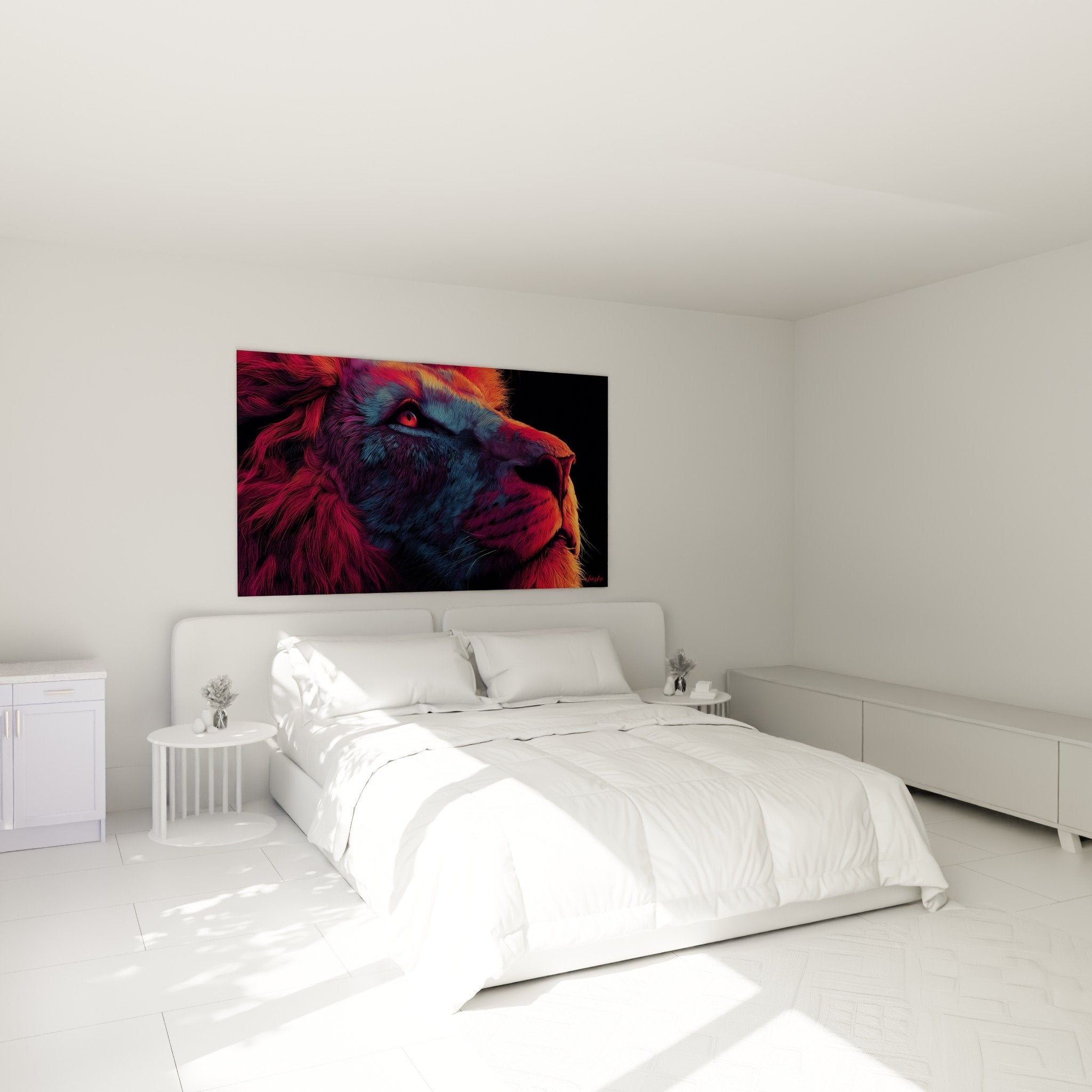 Decoration chambre moderne avec tableau lion coloré aux nuances électriques sur mur blanc épuré