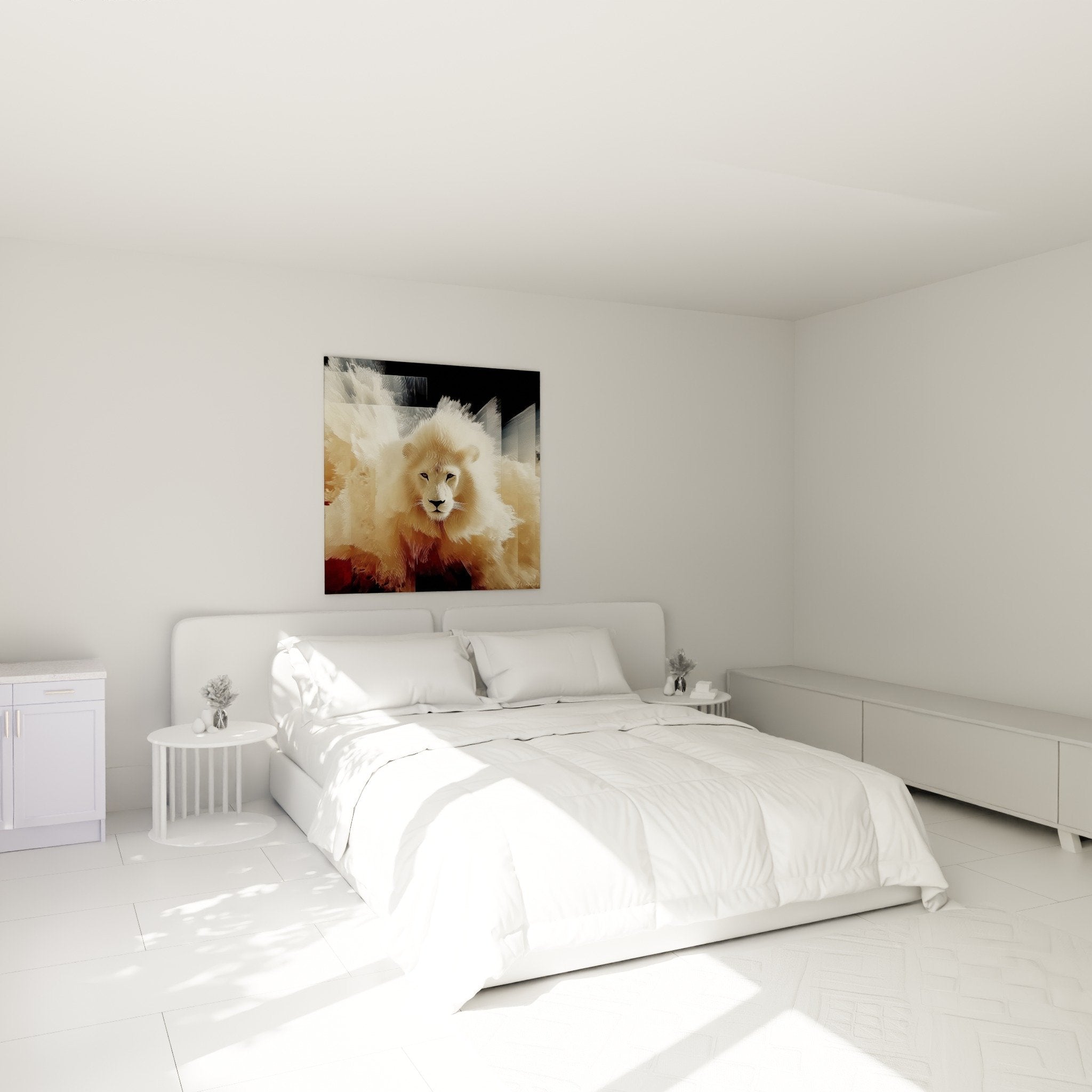 Tableau lion dore blanc chambre decoration murale ambiance chaleureuse apaisante
