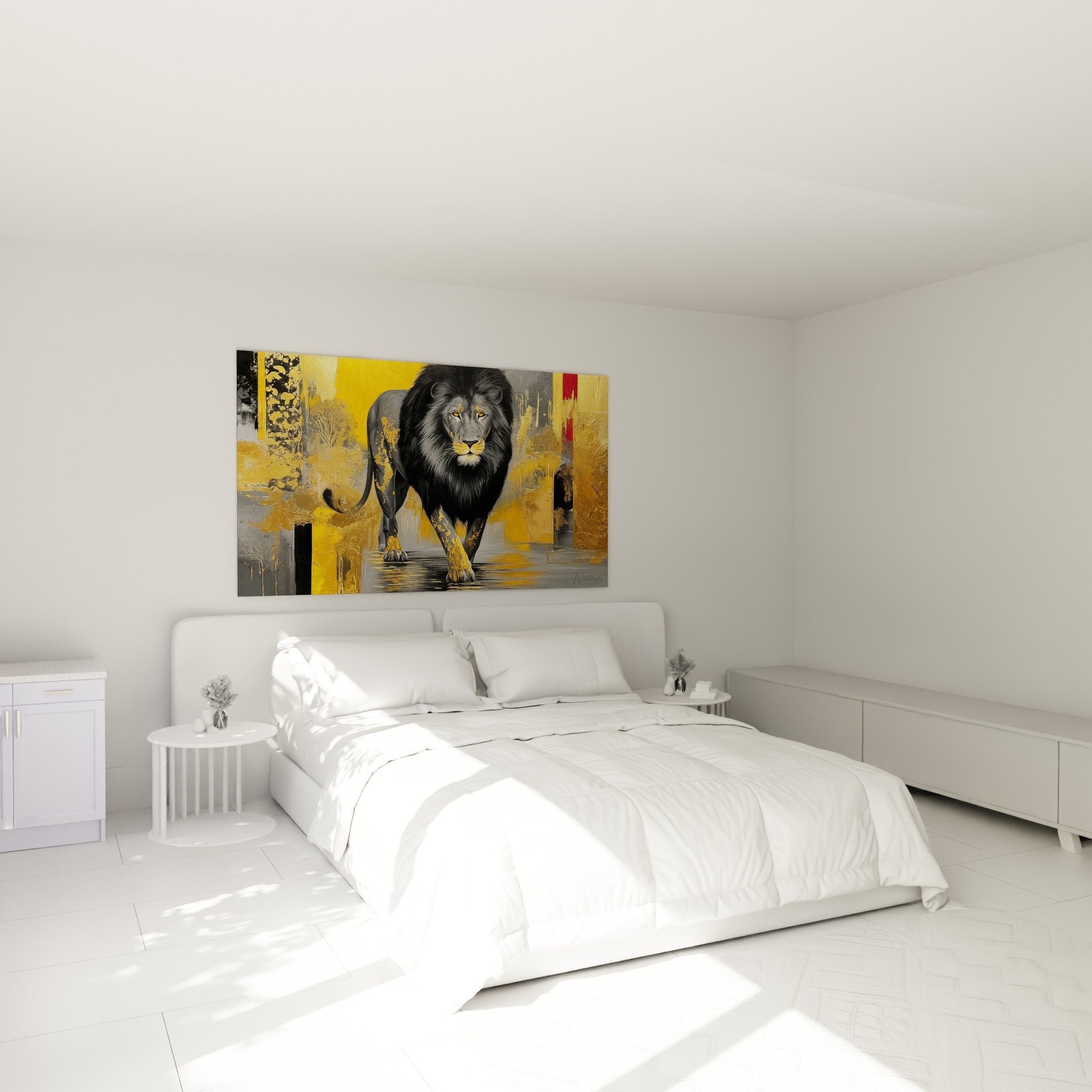 Golden and black lion painting in modern bedroom wall decoration majestic fauvist art