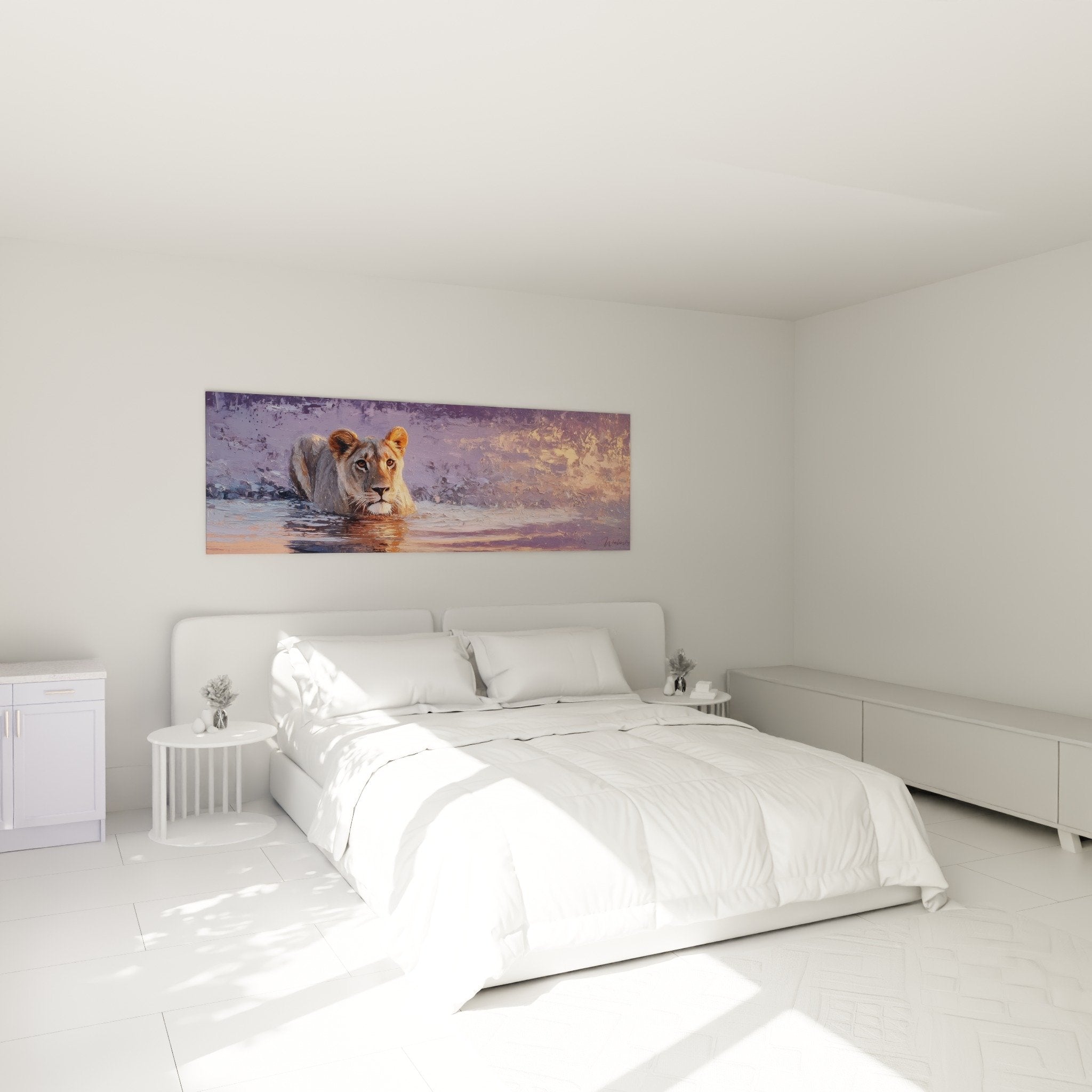 Decoration chambre avec tableau lion dans l'eau tons violets, ambiance apaisante edition lion