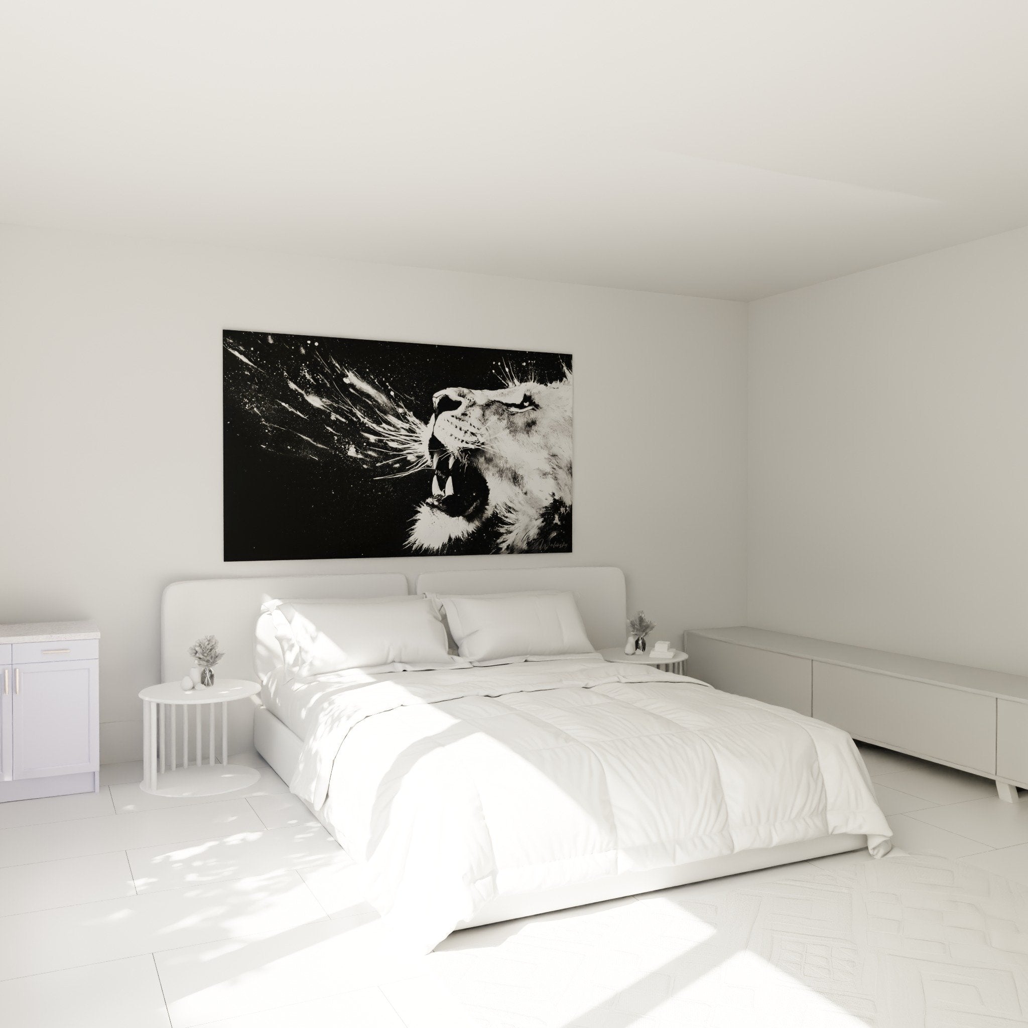 Bedroom decoration with black and white lion wall art above bed modern ambiance