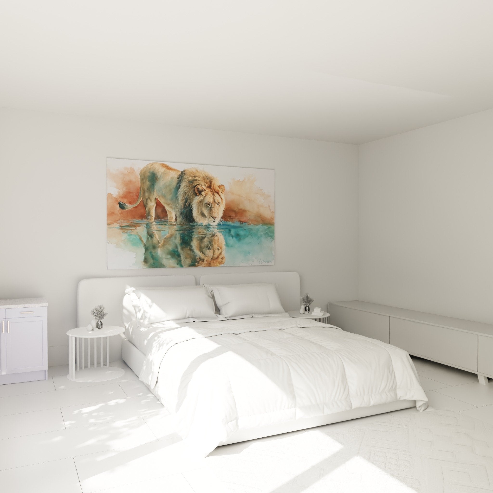 Wanddekoration Schlafzimmer mit Löwe Aquarell Gemälde Wasserreflex beruhigende Atmosphäre natürliche Töne