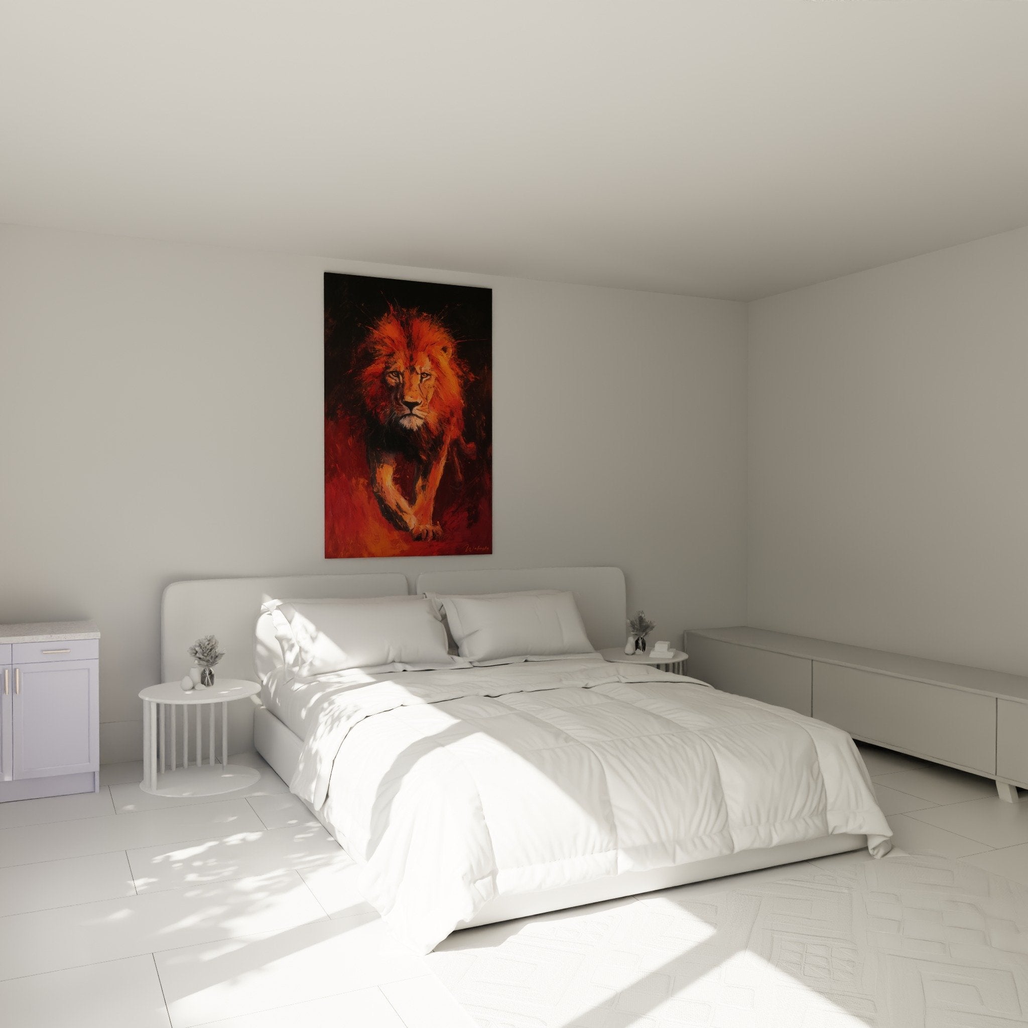 Decoration murale chambre tableau lion flammes orangees rouge ambiance chaleureuse mur gris perle