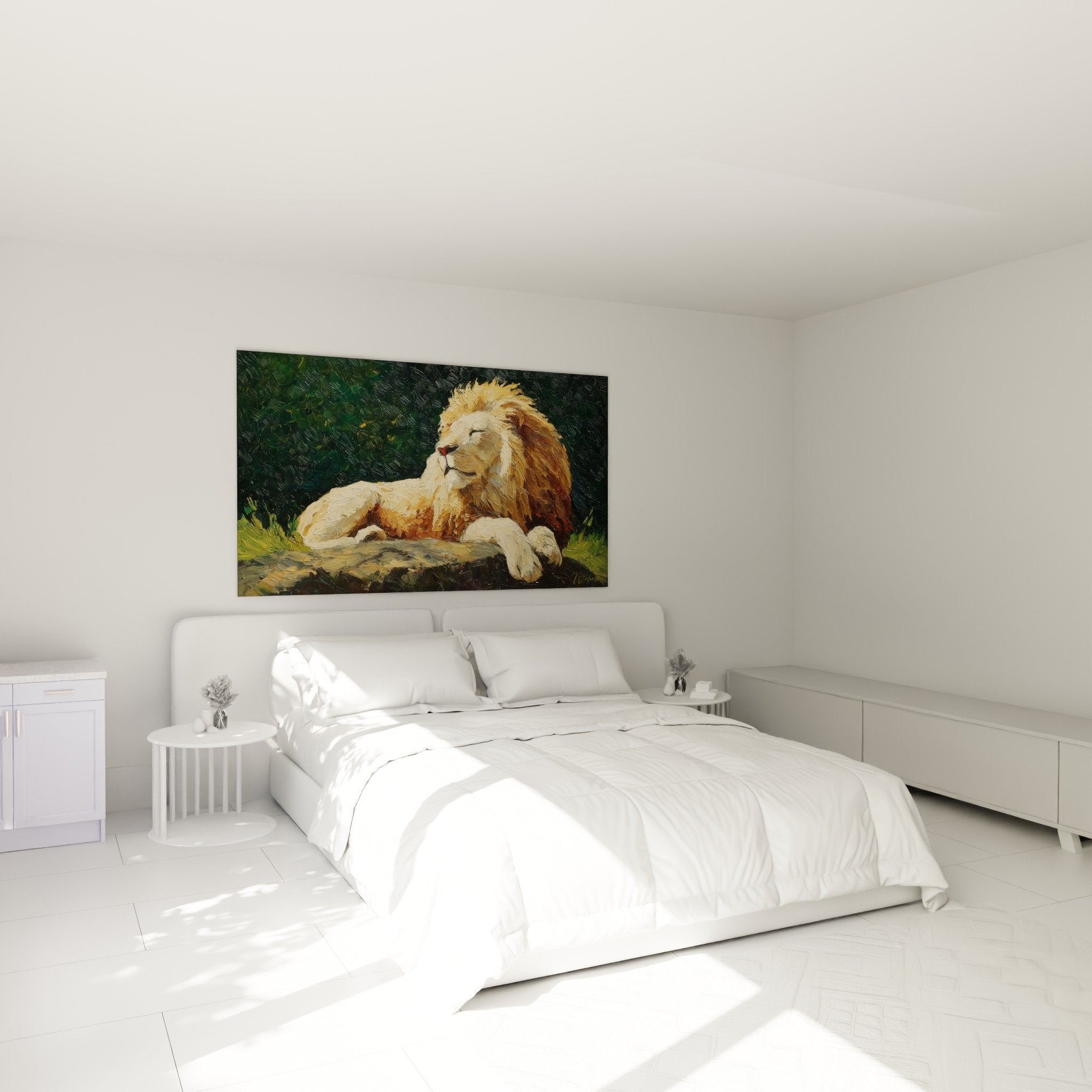 Golden lion wall decoration in a modern bedroom with warm and calming atmosphere