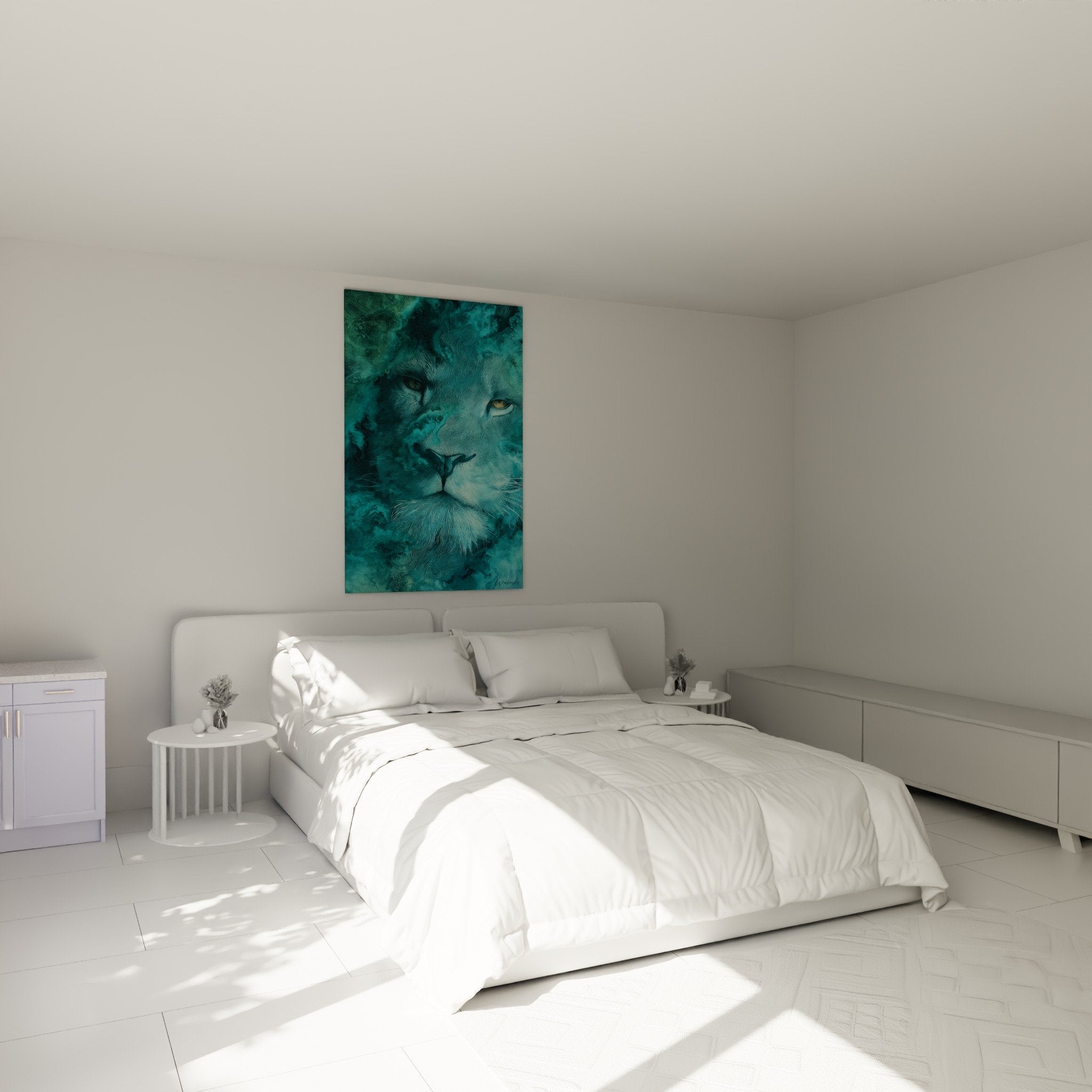 Tableau lion turquoise décorant chambre moderne avec murs clairs et mobilier contemporain ambiance apaisante