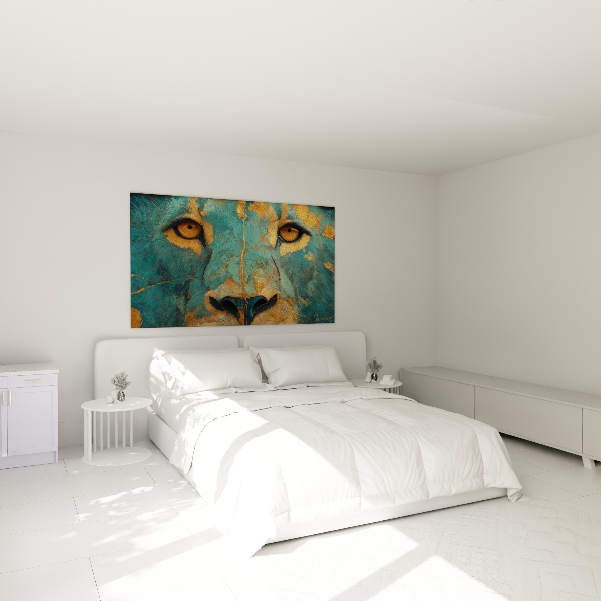 Bedroom decoration with turquoise and gold lion artwork, modern and sophisticated ambiance