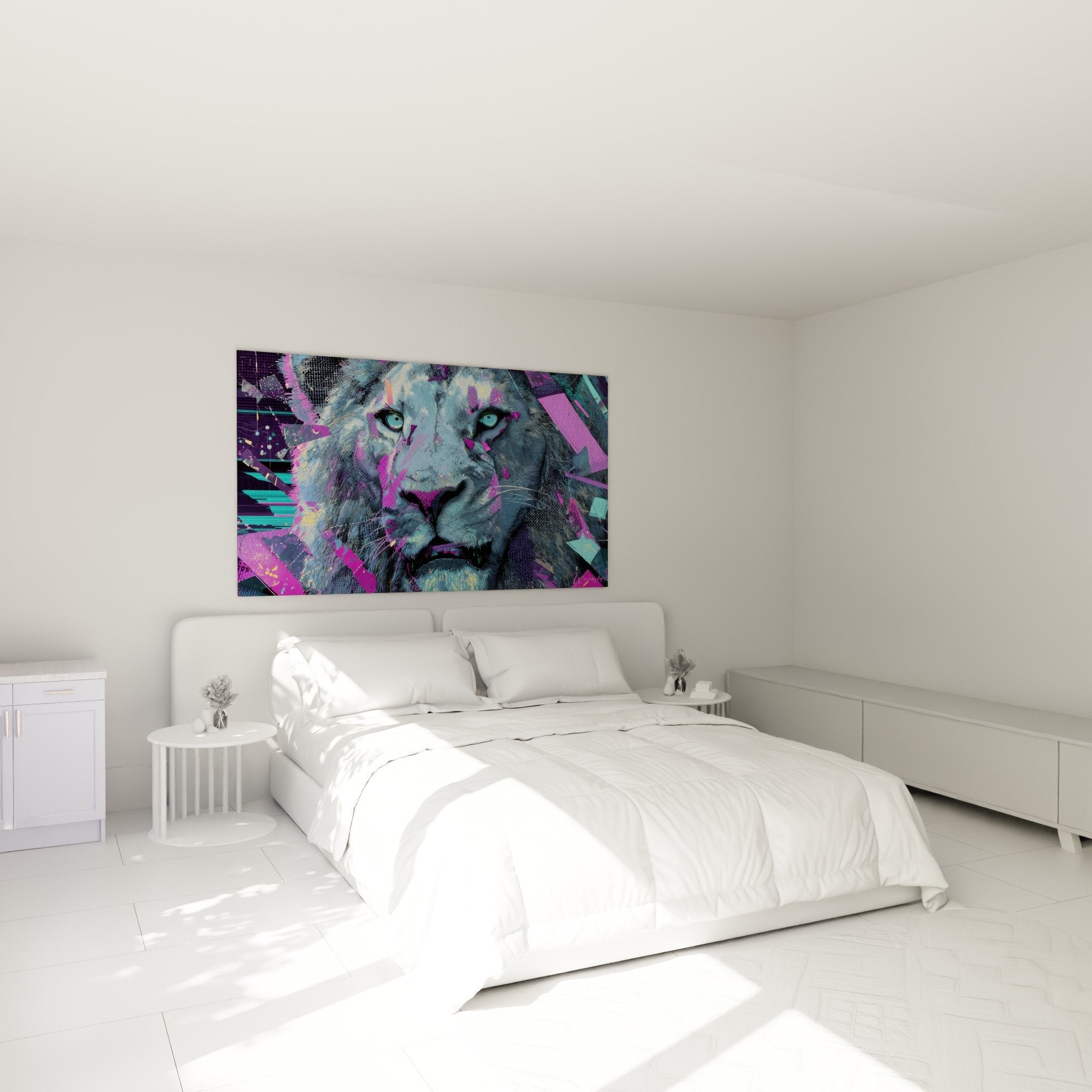 Wall decor bedroom lion painting purple turquoise modern digital art contemporary ambiance