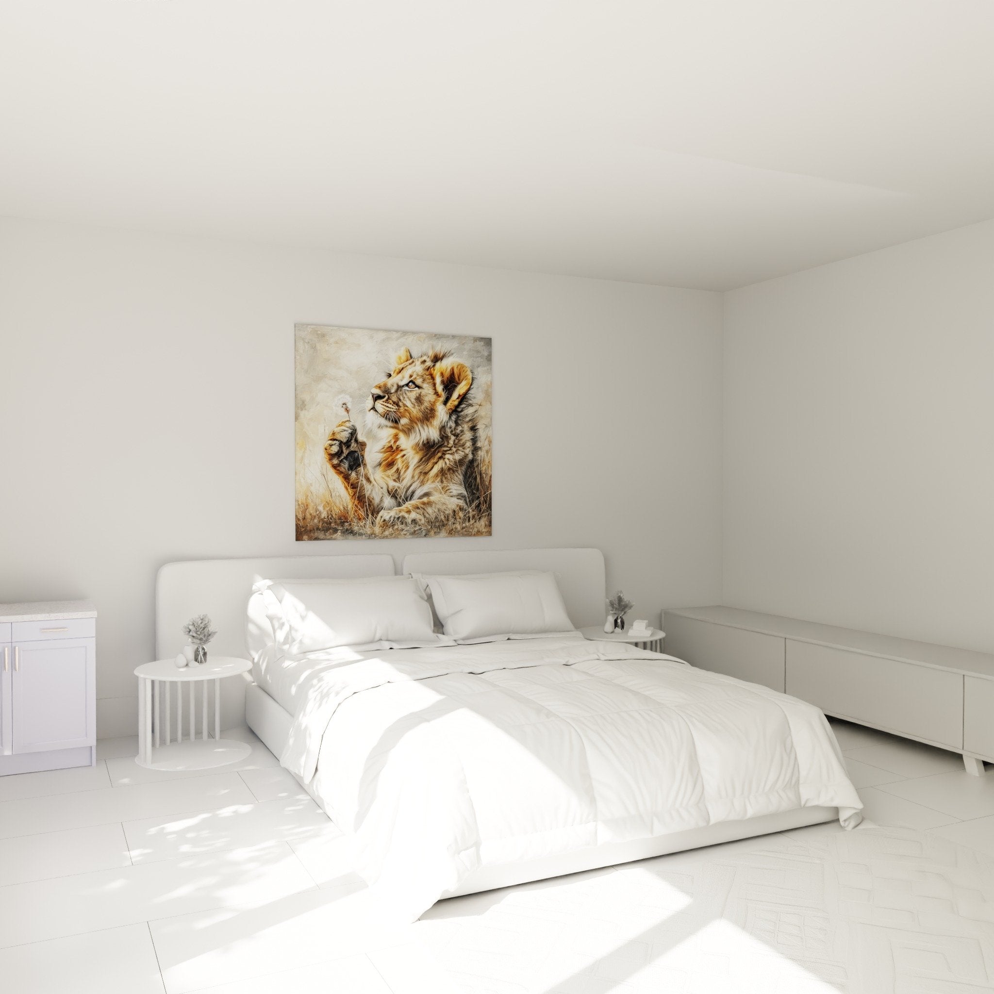 Decorazione camera da letto con quadro leoncino e dente di leone, atmosfera dolce tonalità naturali, arte murale rilassante