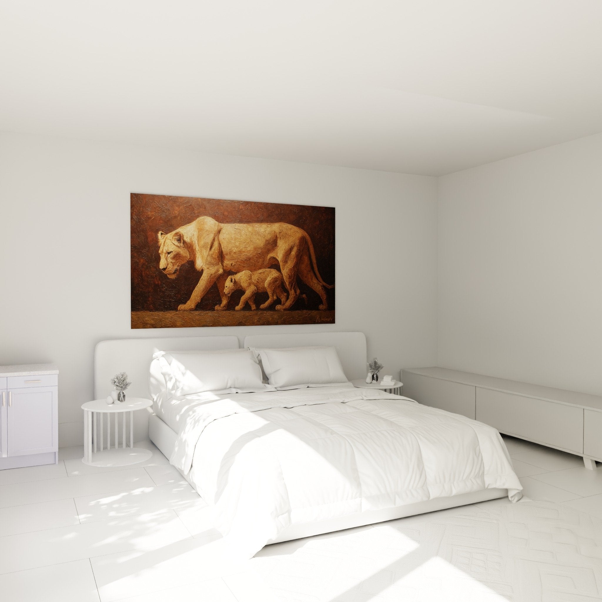 Lion bedroom wall art small golden tones cozy ambiance