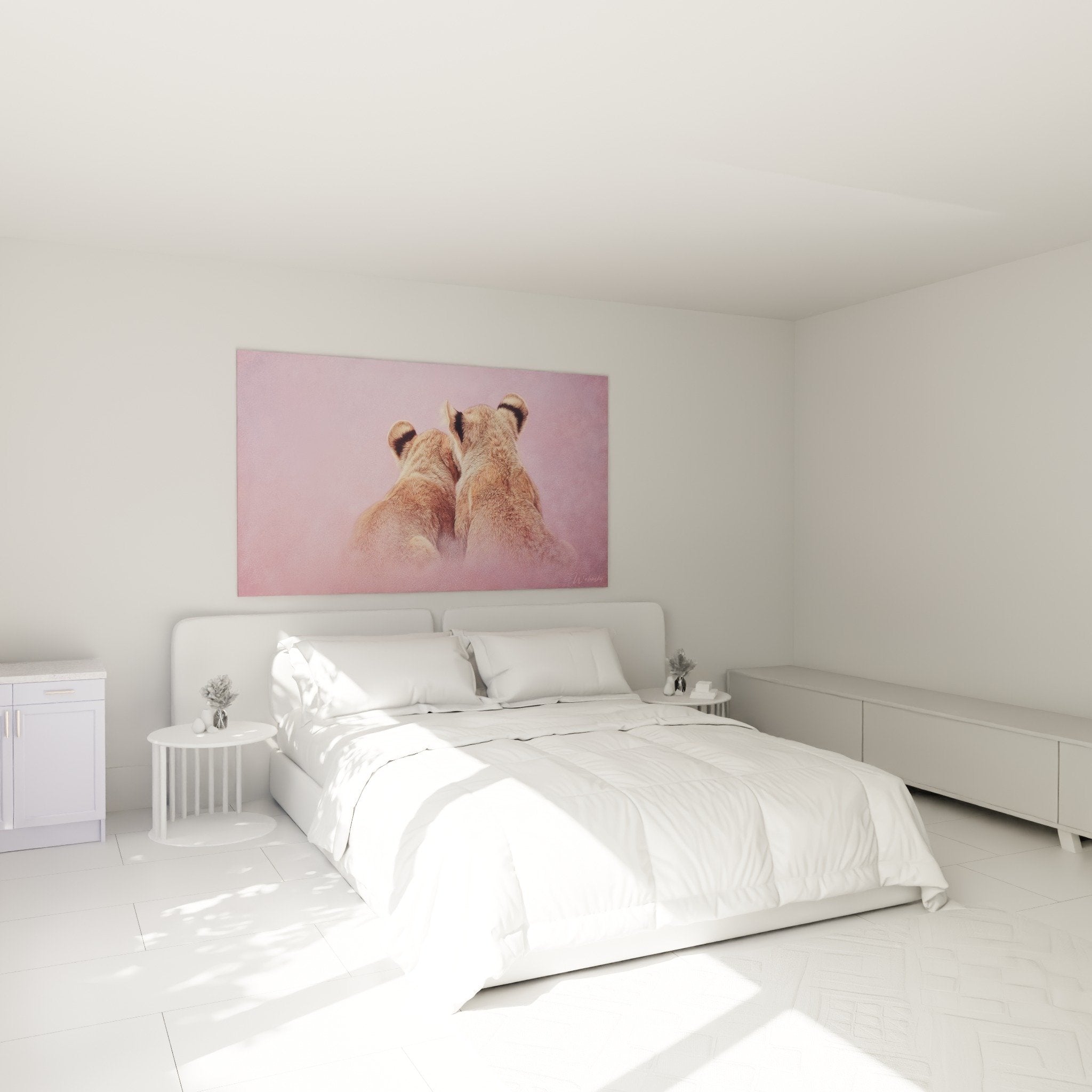 Bedroom decoration with soft pink lions wall art above bed modern style