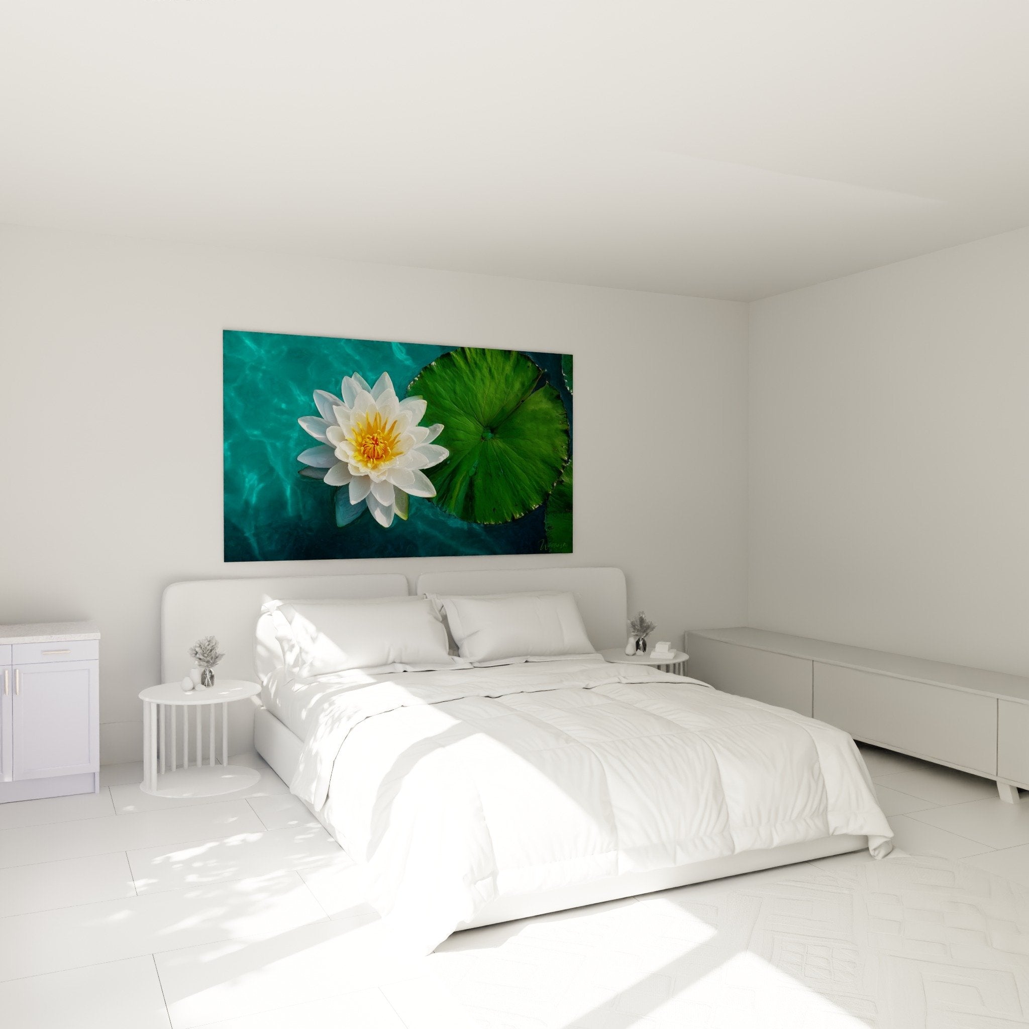 Tableau fleur de lotus blanche sur eau bleue dans chambre moderne aux tons apaisants et zen