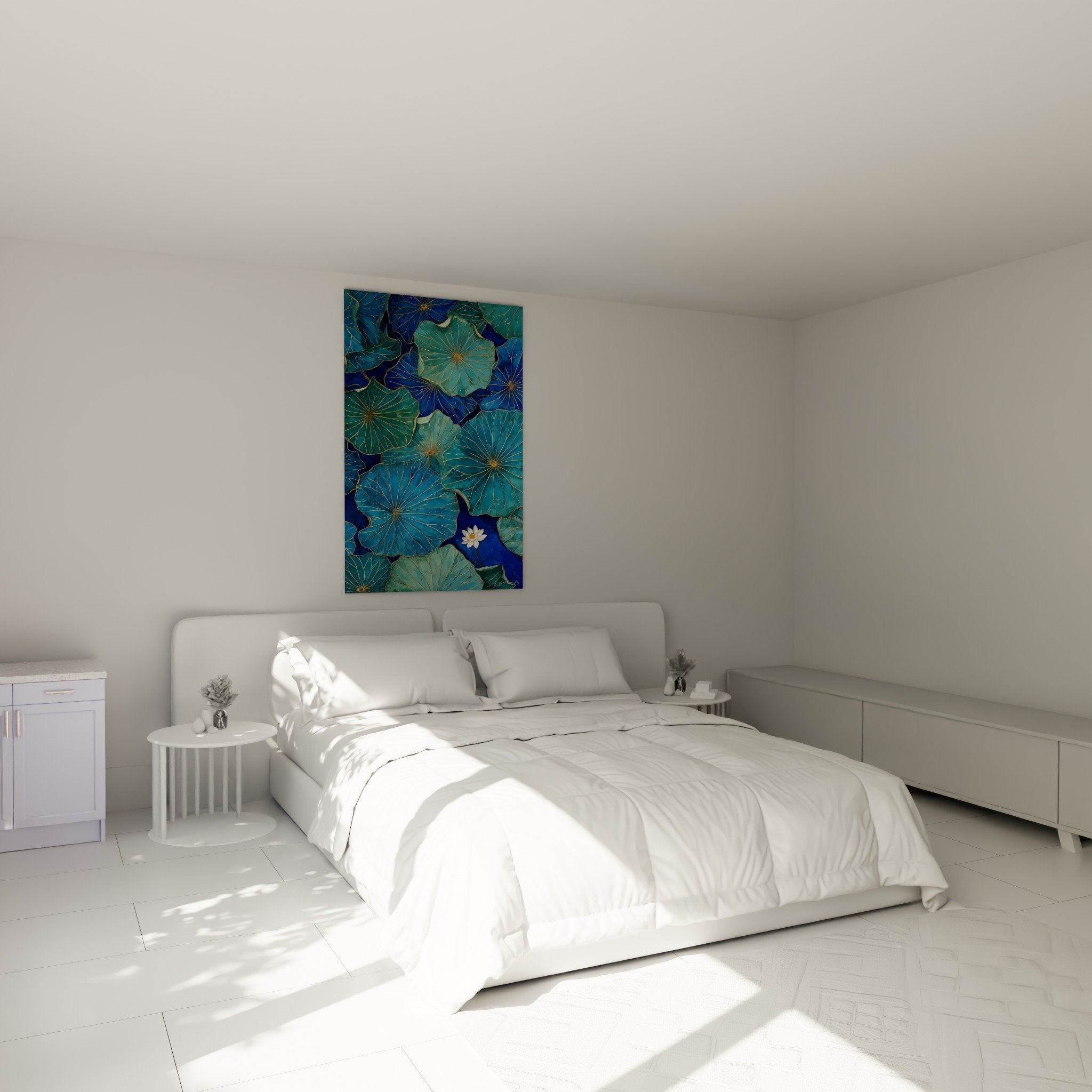 Décoration murale nénuphars bleu doré dans chambre zen aux tons naturels et mobilier bois clair