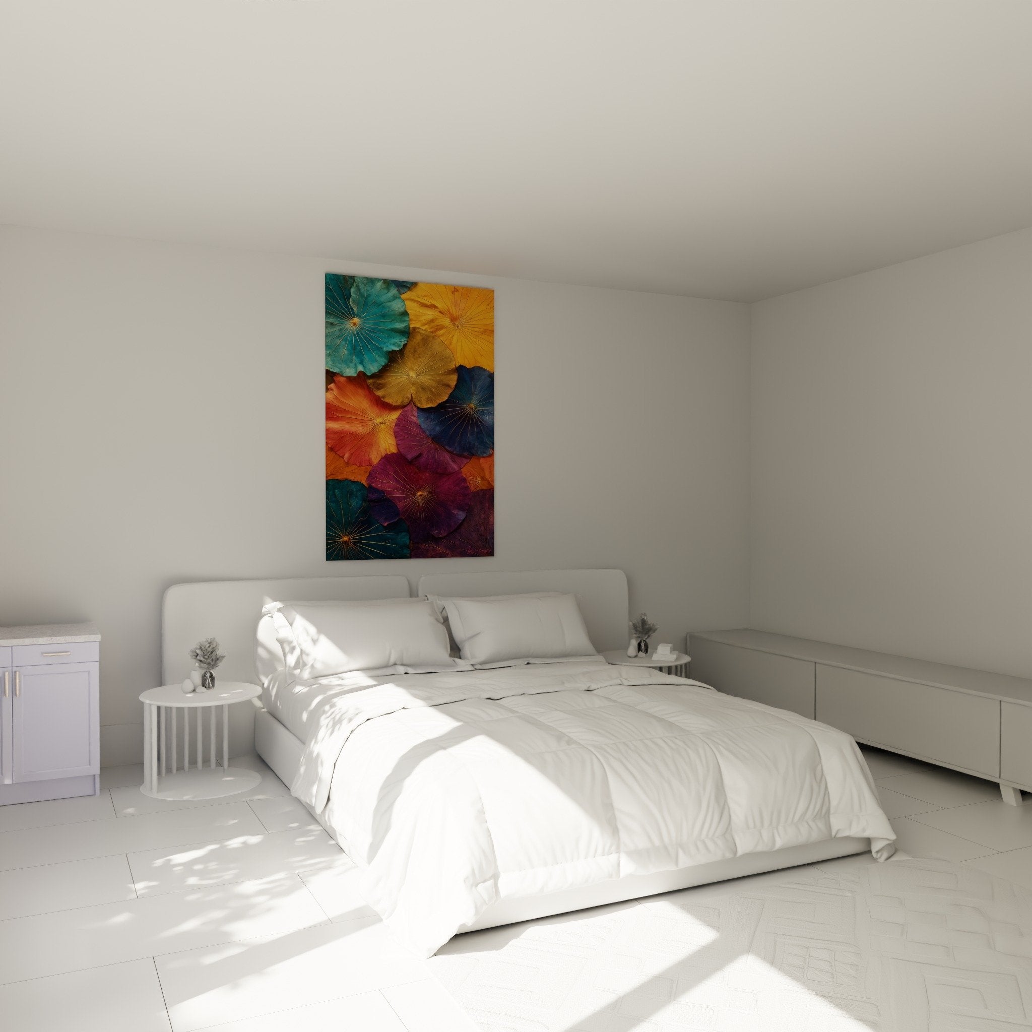 Decoration chambre tableau lotus multicolore mur beige ambiance zen nenuphar