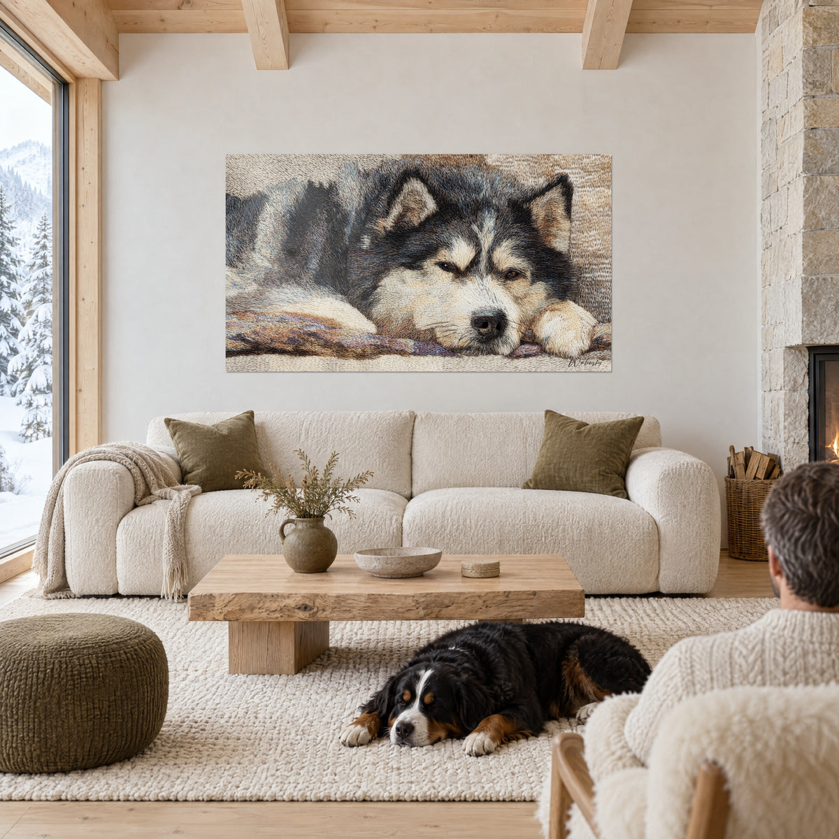 Cuadro de un husky malamute dormido, pelaje gris carbón y crema bordado con hilos finos, perro echado sobre un sofá en un salón luminoso