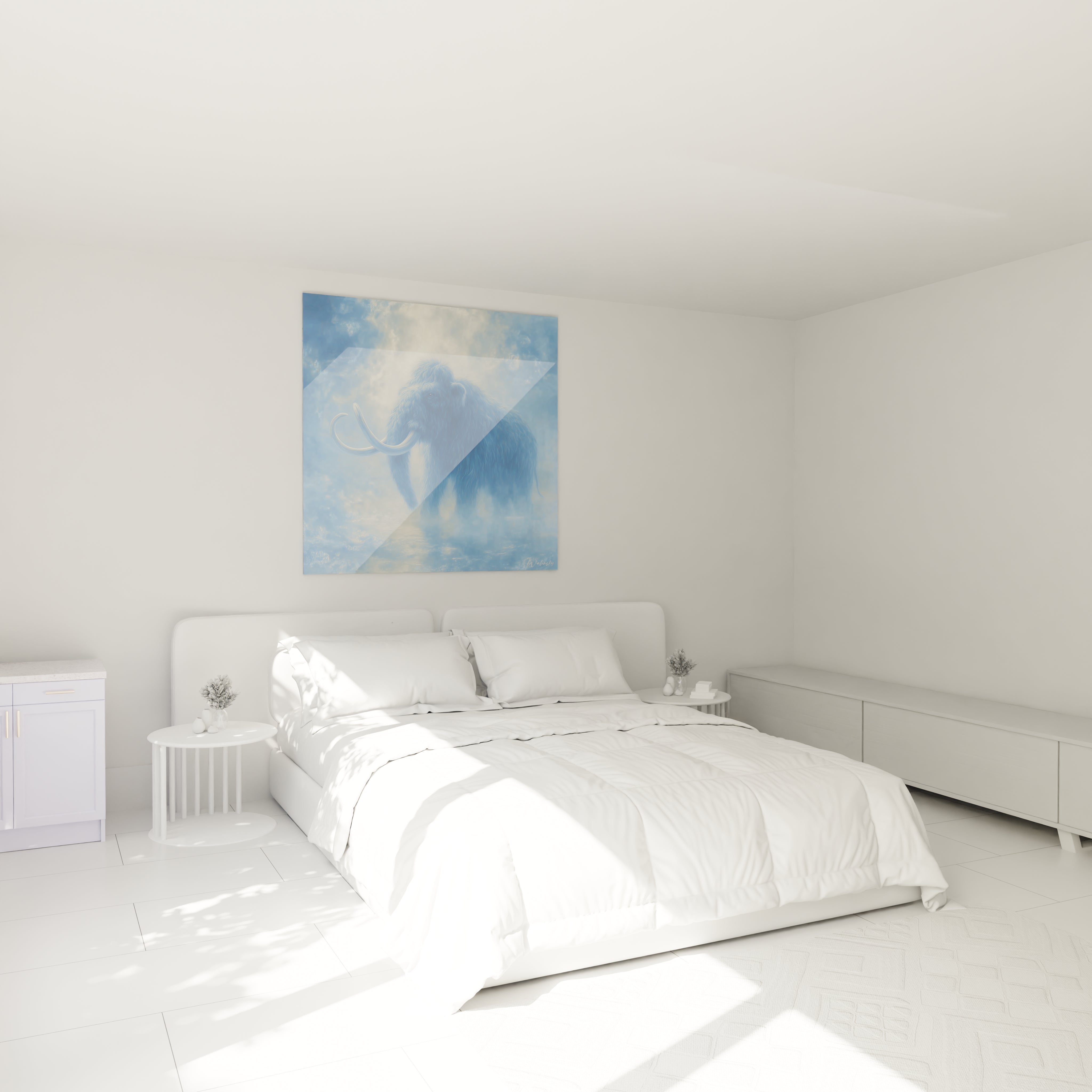Décoration chambre avec tableau mural mammouth laineux bleu dans ambiance brume glaciaire - art animalier