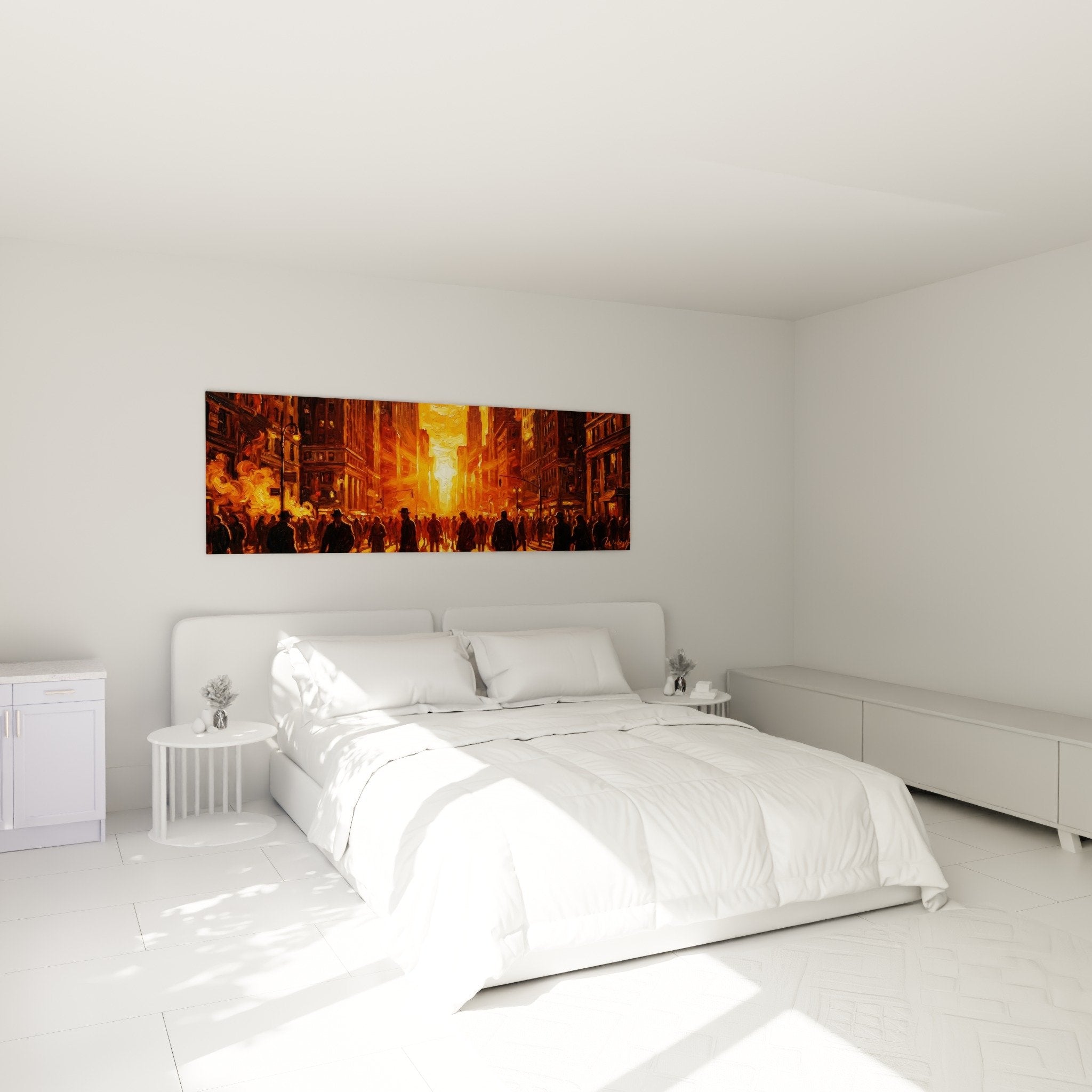 Décoration chambre tableau Manhattan rue dorée ambiance urbaine chaleureuse tons orange cuivrés
