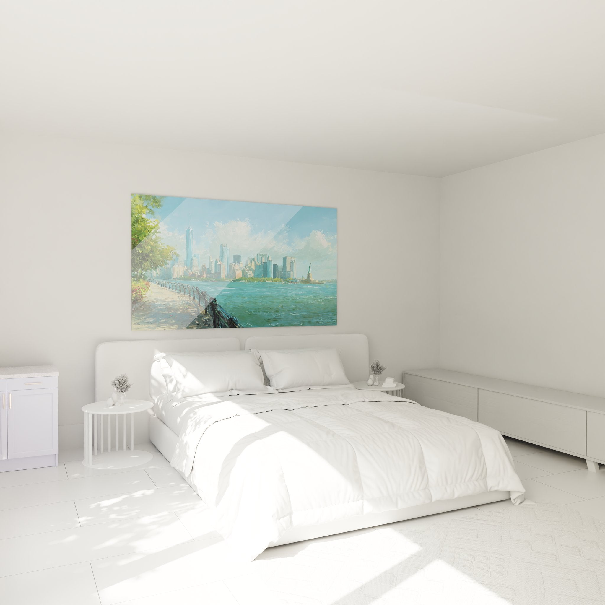 Décoration chambre tableau Manhattan waterfront ambiance moderne vue panoramique New York