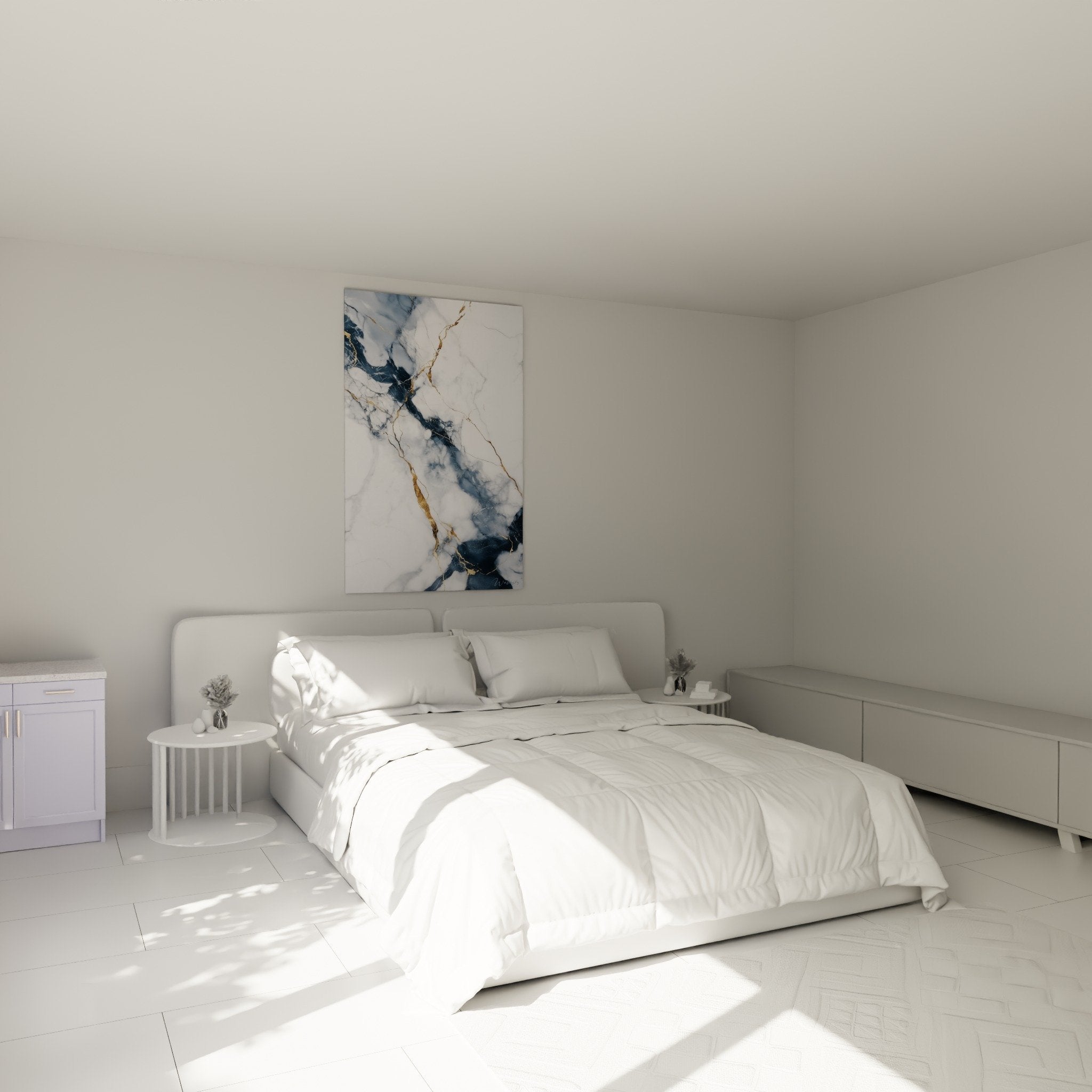 Bedroom decoration with abstract blue and gold marble wall art hanging above contemporary bed