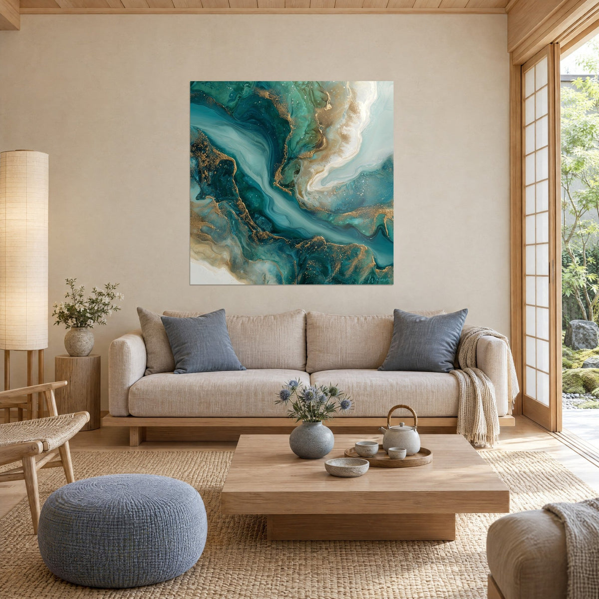 Tableau marbre fluide aux volutes turquoise et émeraude, filets de poudre dorée, au-dessus d'un canapé dans un salon lumineux