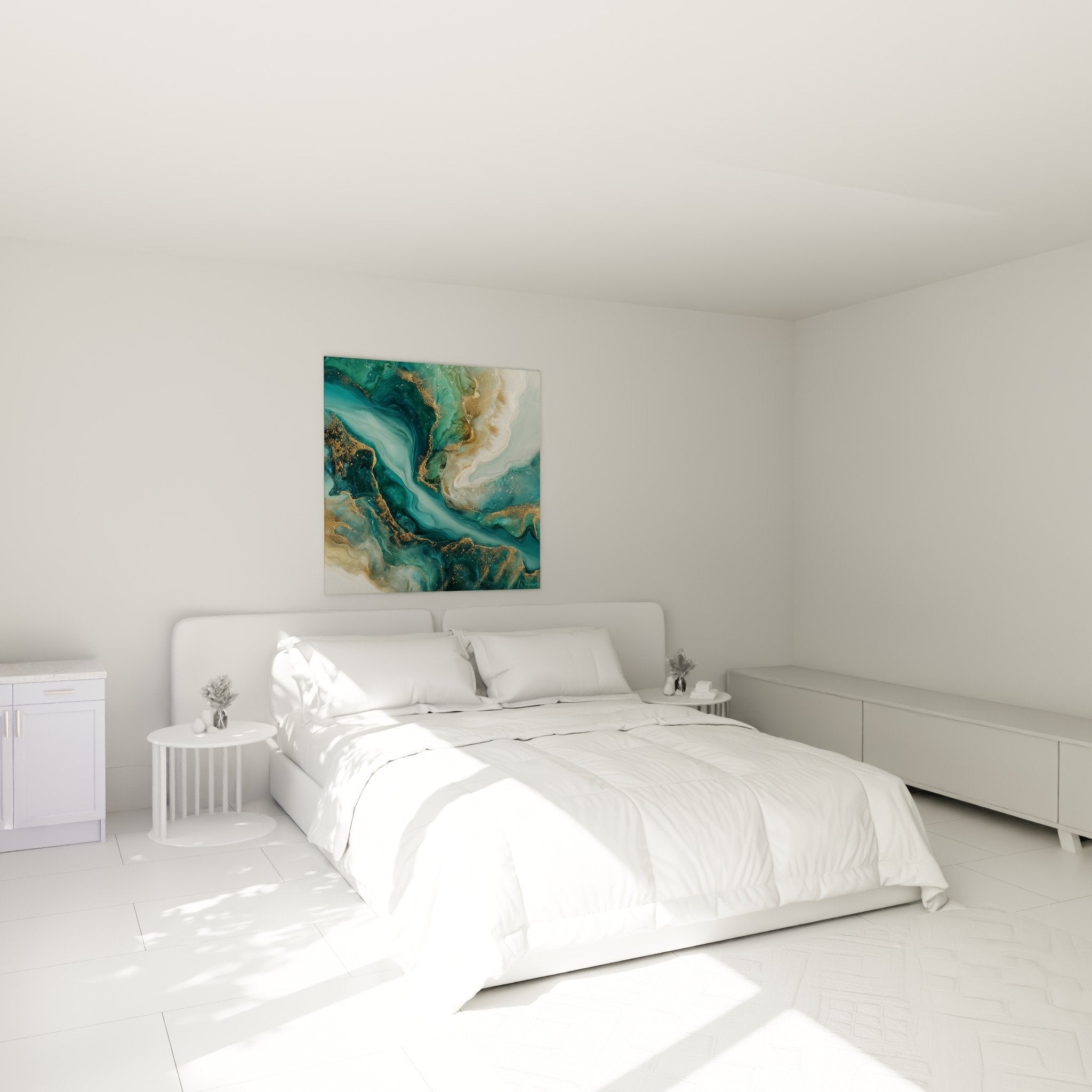 Décoration chambre avec tableau marbre abstrait bleu doré au-dessus du lit, ambiance apaisante contemporaine
