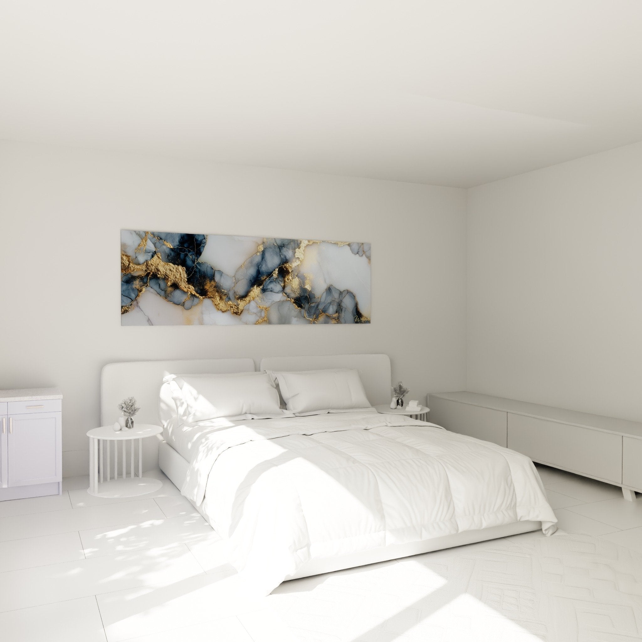 Schlafzimmerdekoratin mit abstraktem Marmor-Kunstdruck in Gold und Blaugrau über dem Bett im zeitgenössischen Stil