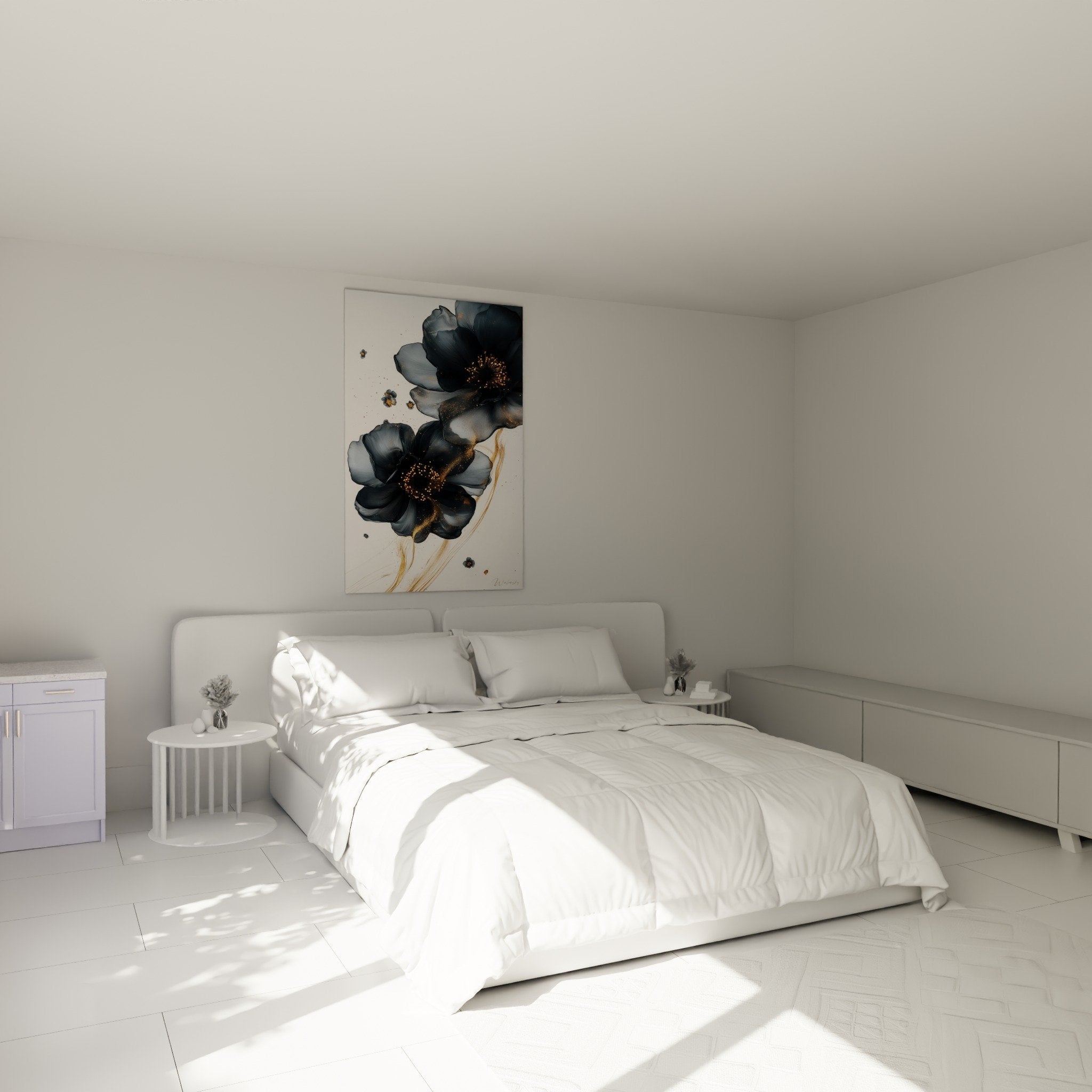 Tableau marbre gris doré dans chambre moderne - ambiance cocooning et raffinée pour décoration murale