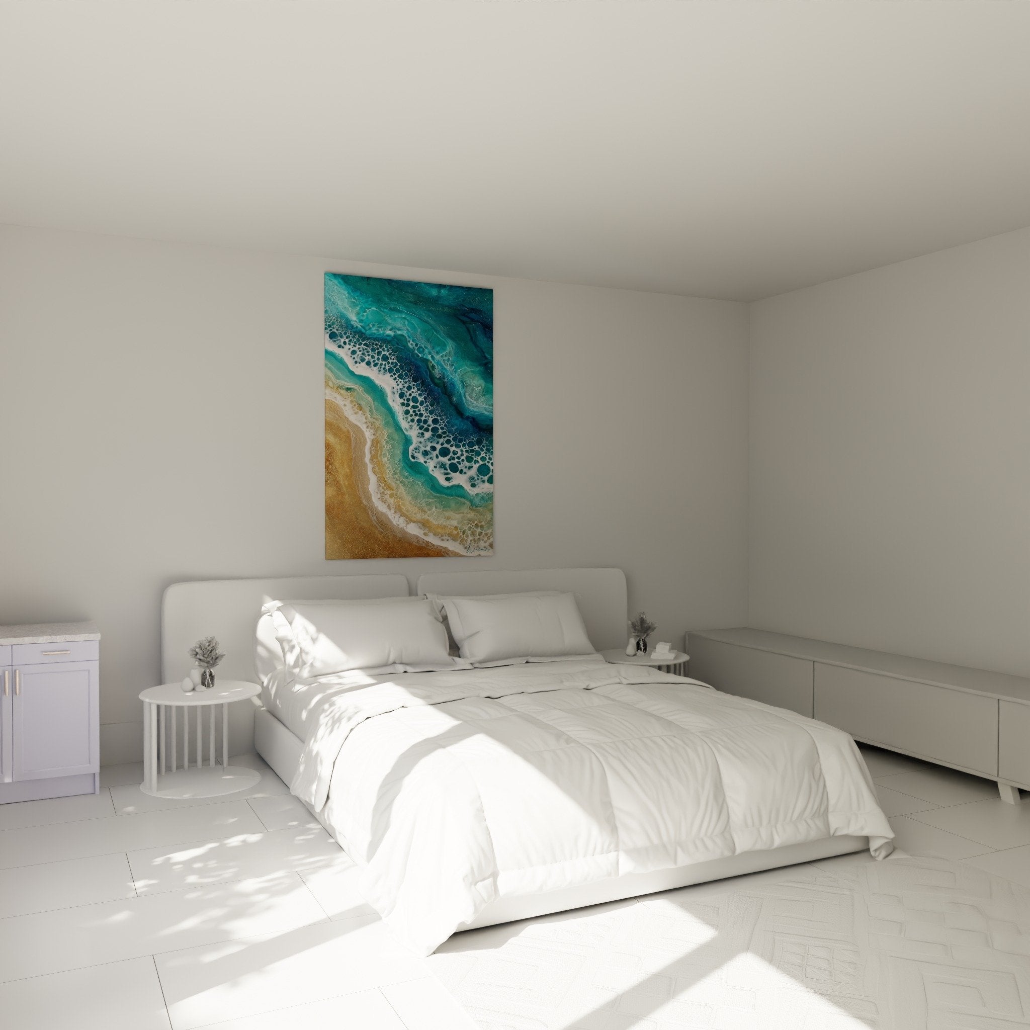 Turquoise marine wall art bedroom golden bubbles feng shui north water