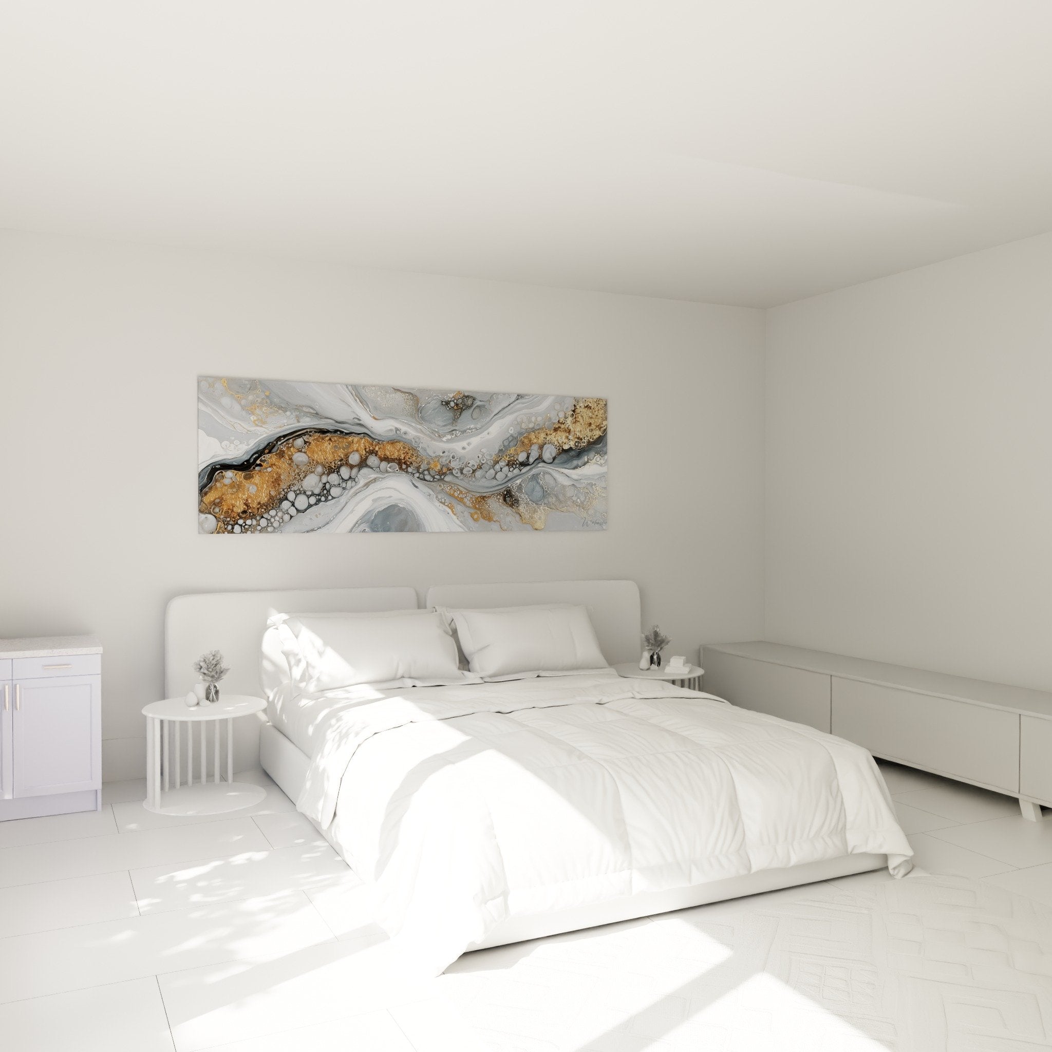 decoration murale abstraite grise doree dans chambre contemporaine feng shui metal