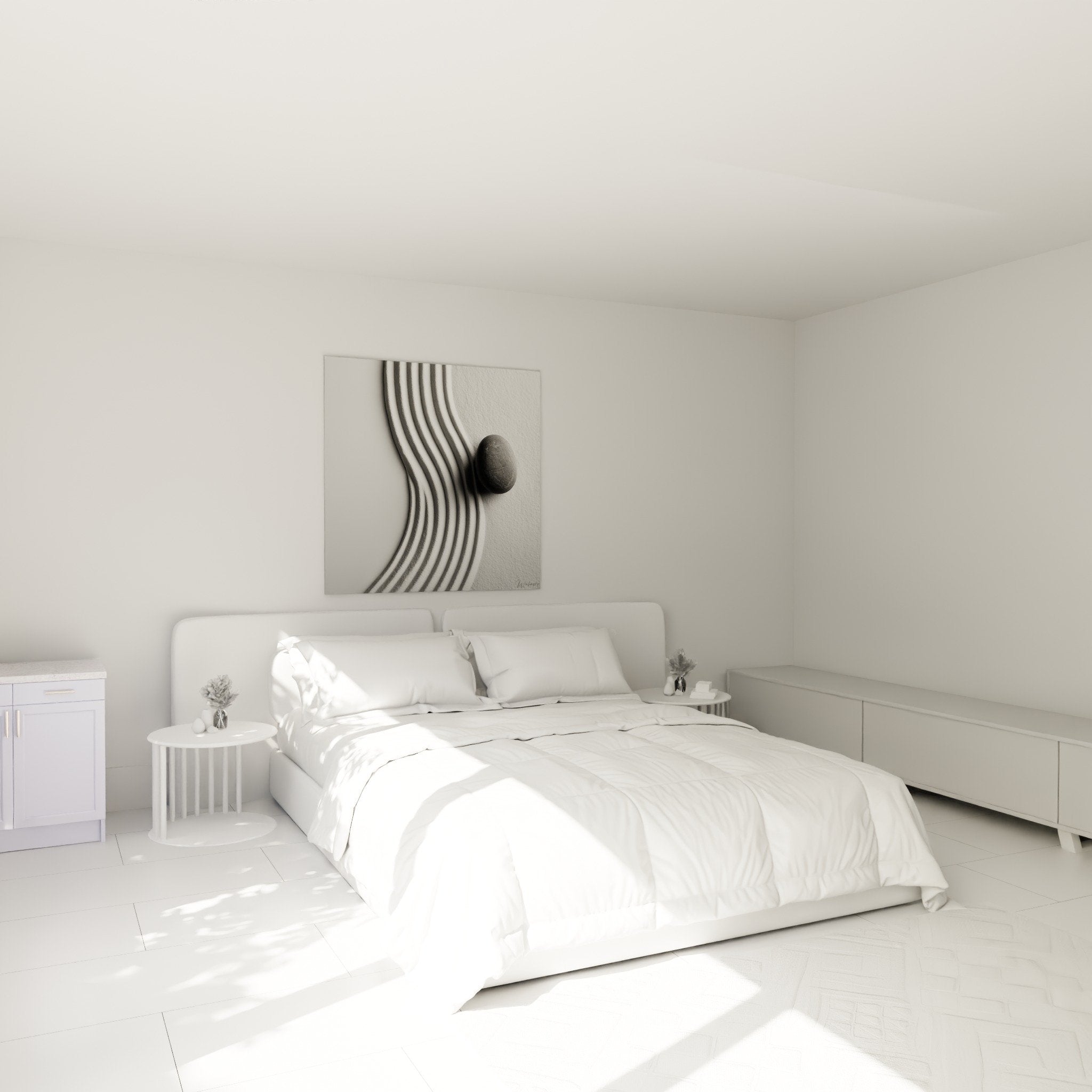 decoration murale zen chambre avec tableau monochrome lignes courbes galet ambiance apaisante minimaliste