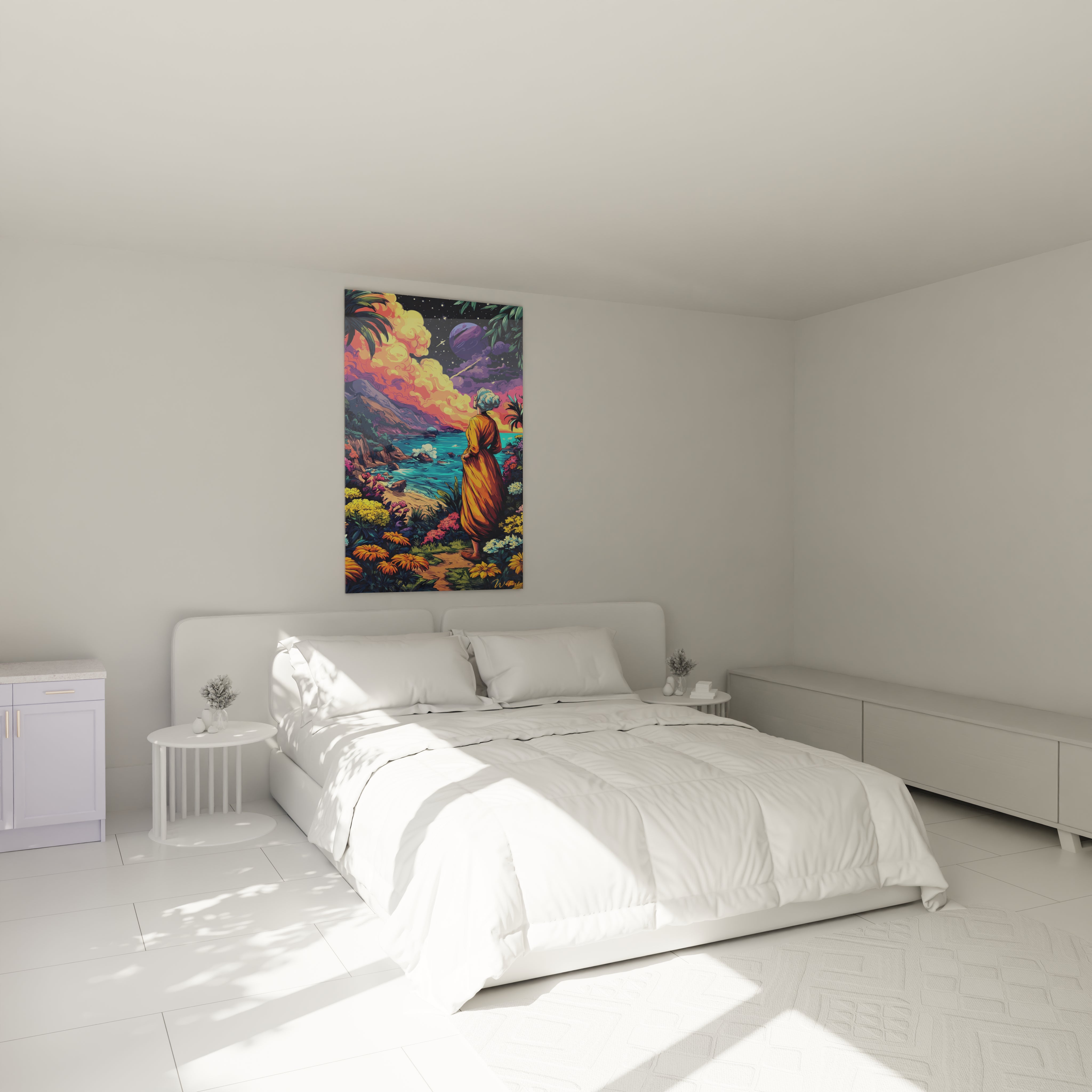 Décoration chambre tableau moine contemplatif BD style tropical ambiance zen et relaxante