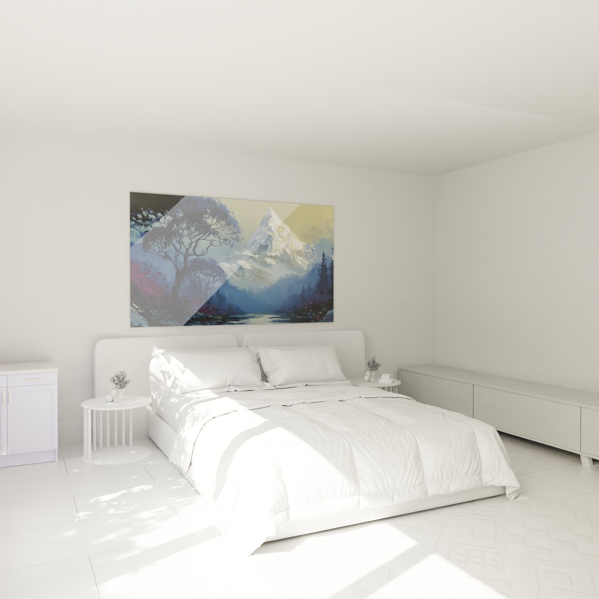 Décoration chambre avec tableau montagne enneigée, ambiance apaisante paysage alpin mural
