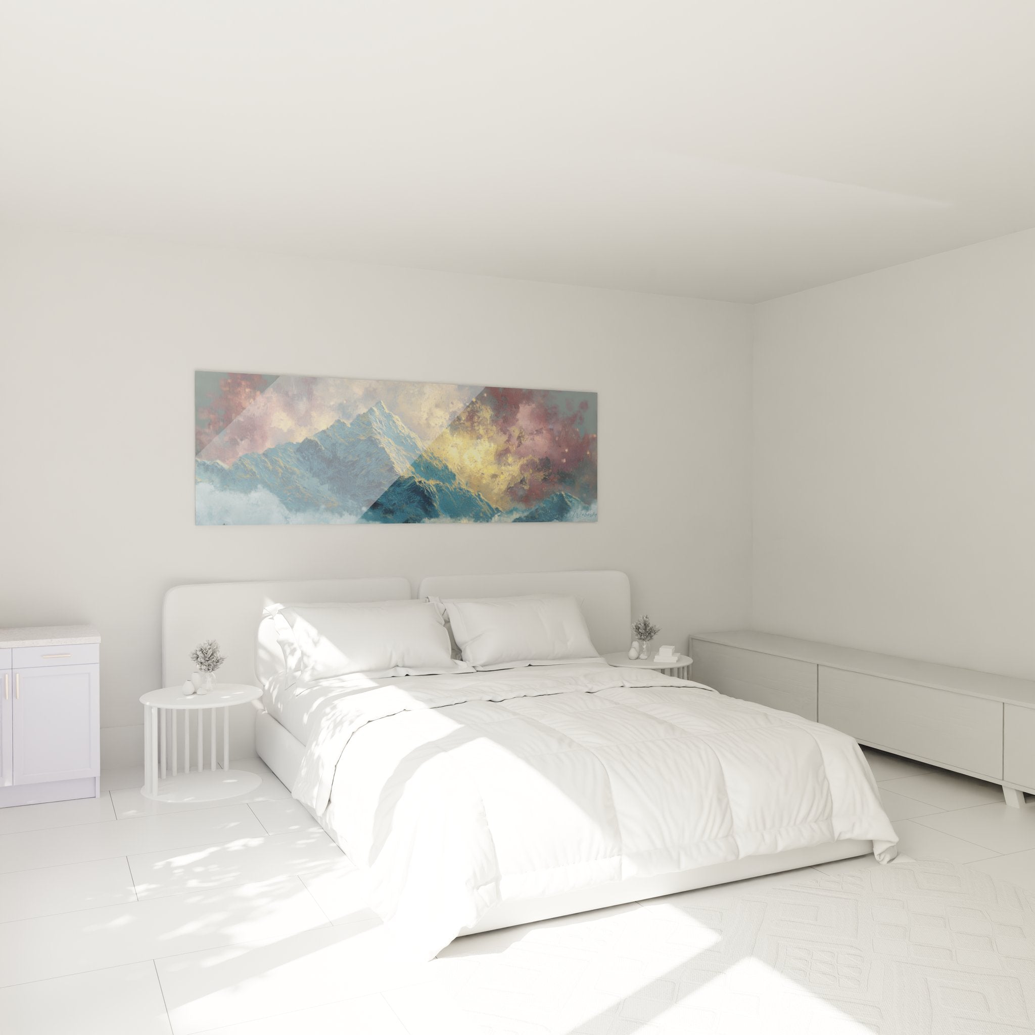 Tableau sommet montagne dans chambre moderne, ambiance déco murale paysage alpin relaxante