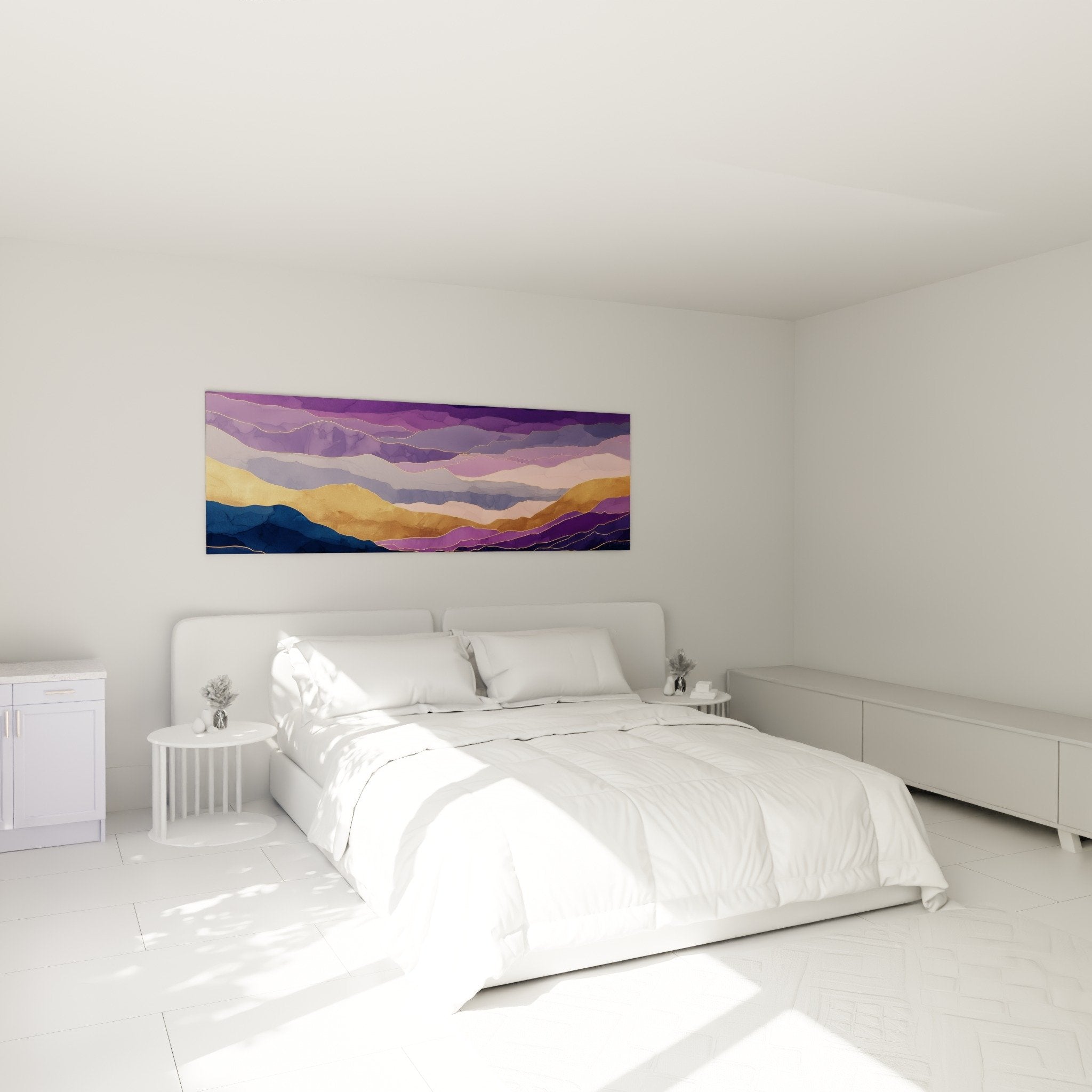 Tableau montagnes violettes orangees deco chambre ambiance apaisante art mural feng shui panoramique