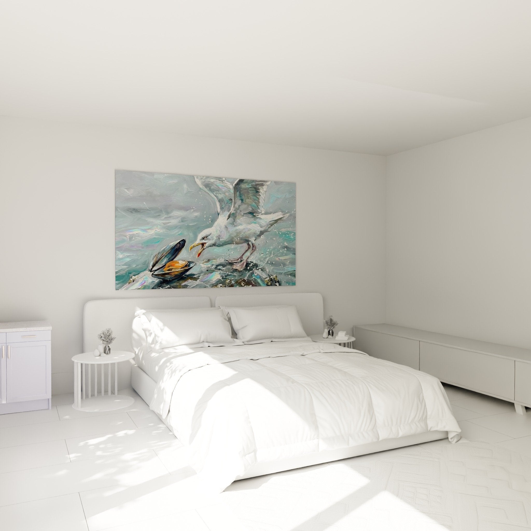 Decoration murale moule et mouette dans chambre moderne, tableau marin aux tons gris et orange