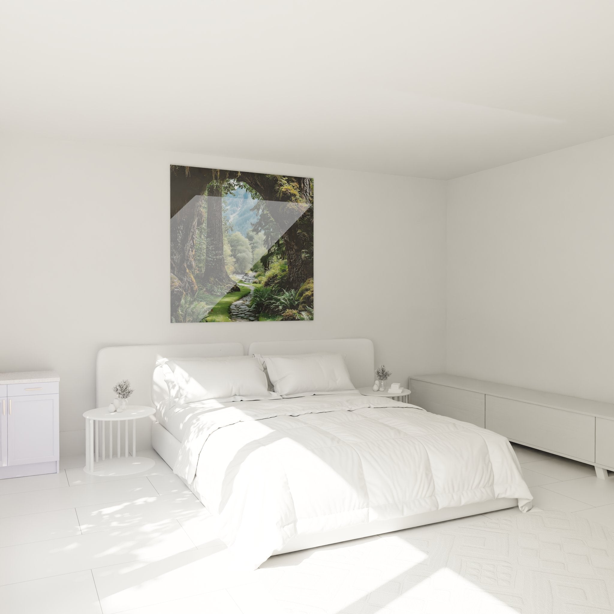 Décoration chambre avec tableau nature chemin forestier mystique aux tons verts apaisants