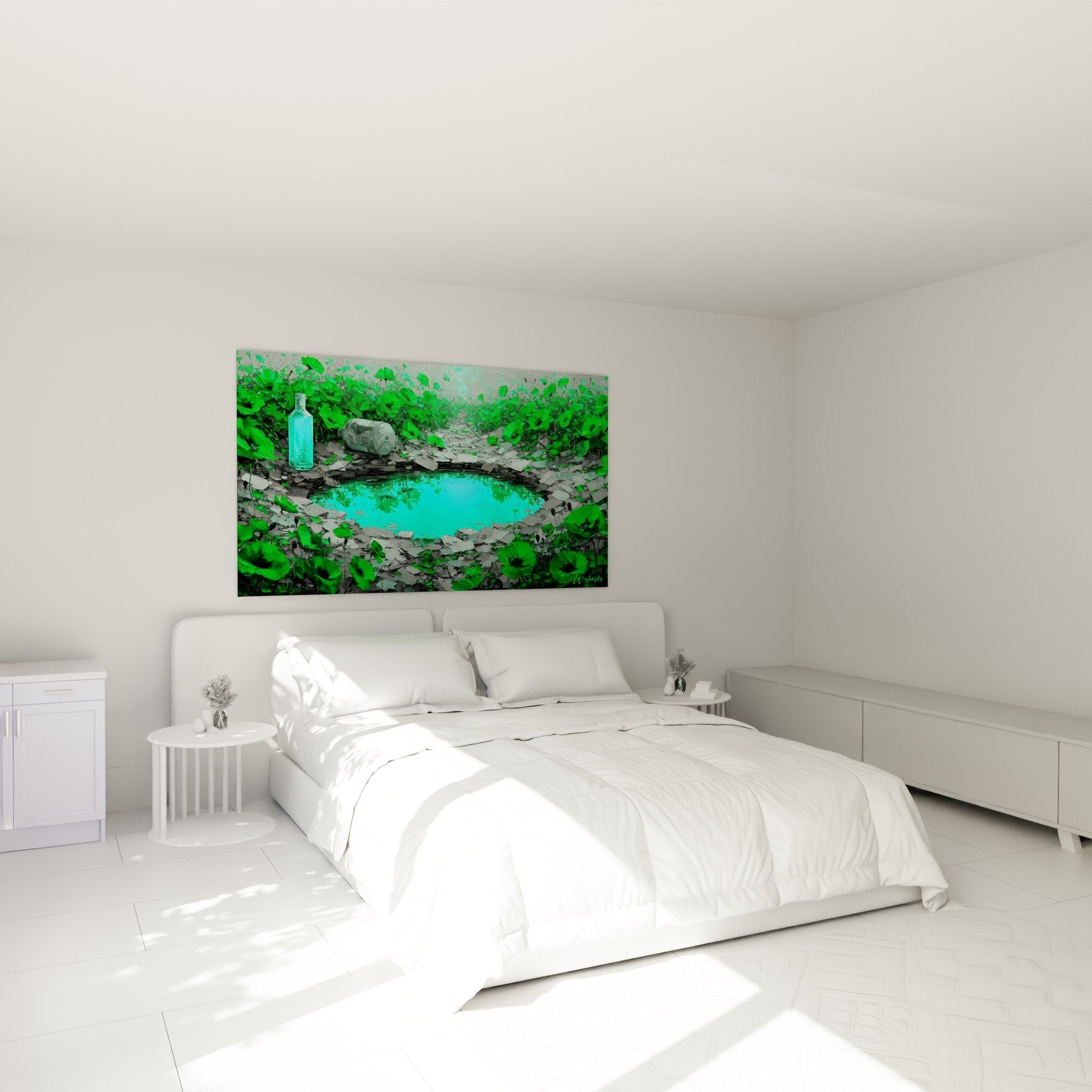 Decorazione camera da letto quadro mare turchese e vegetazione per atmosfera naturale rilassante