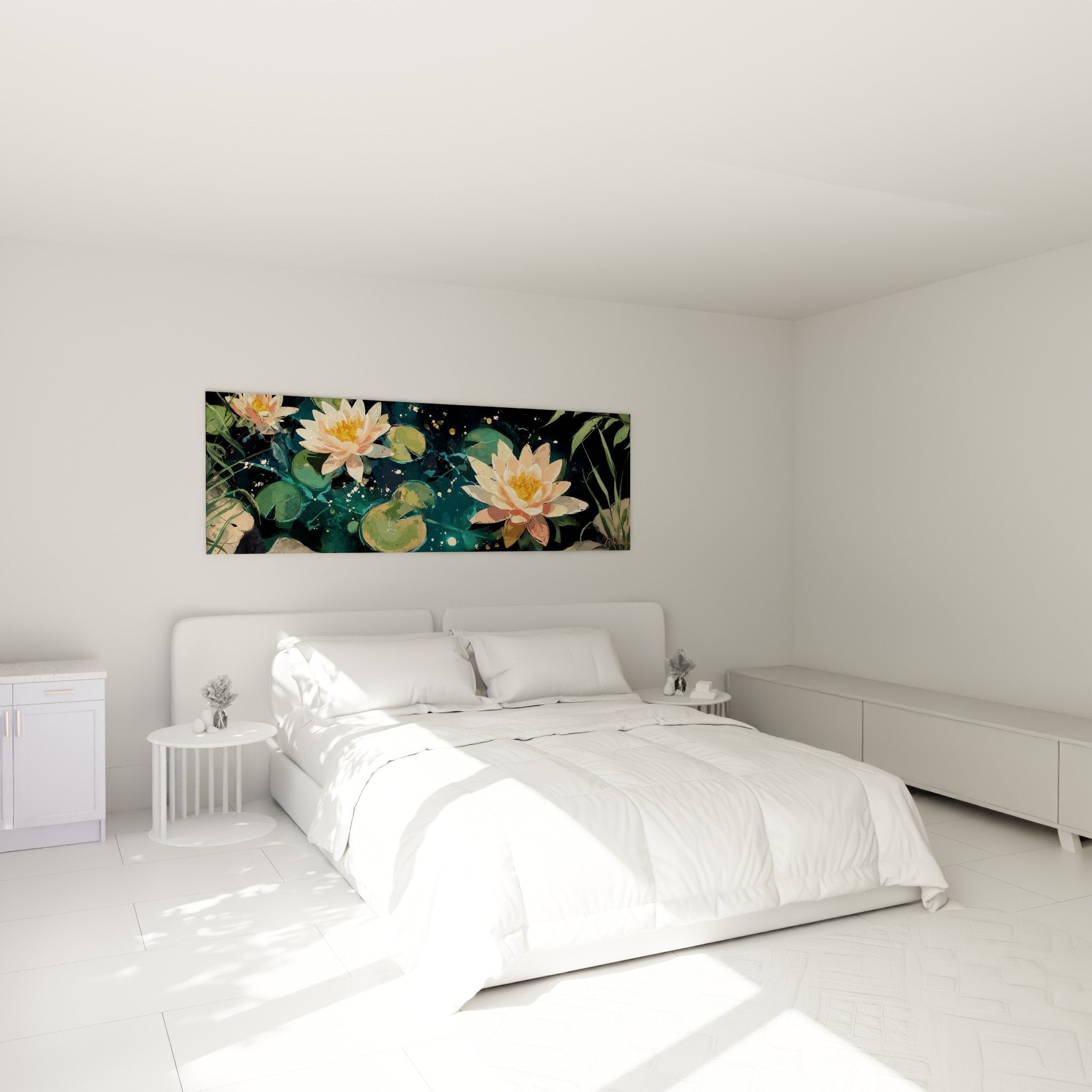 Déco chambre avec tableau nénuphars aquatiques rose et turquoise au-dessus du lit, ambiance zen et apaisante