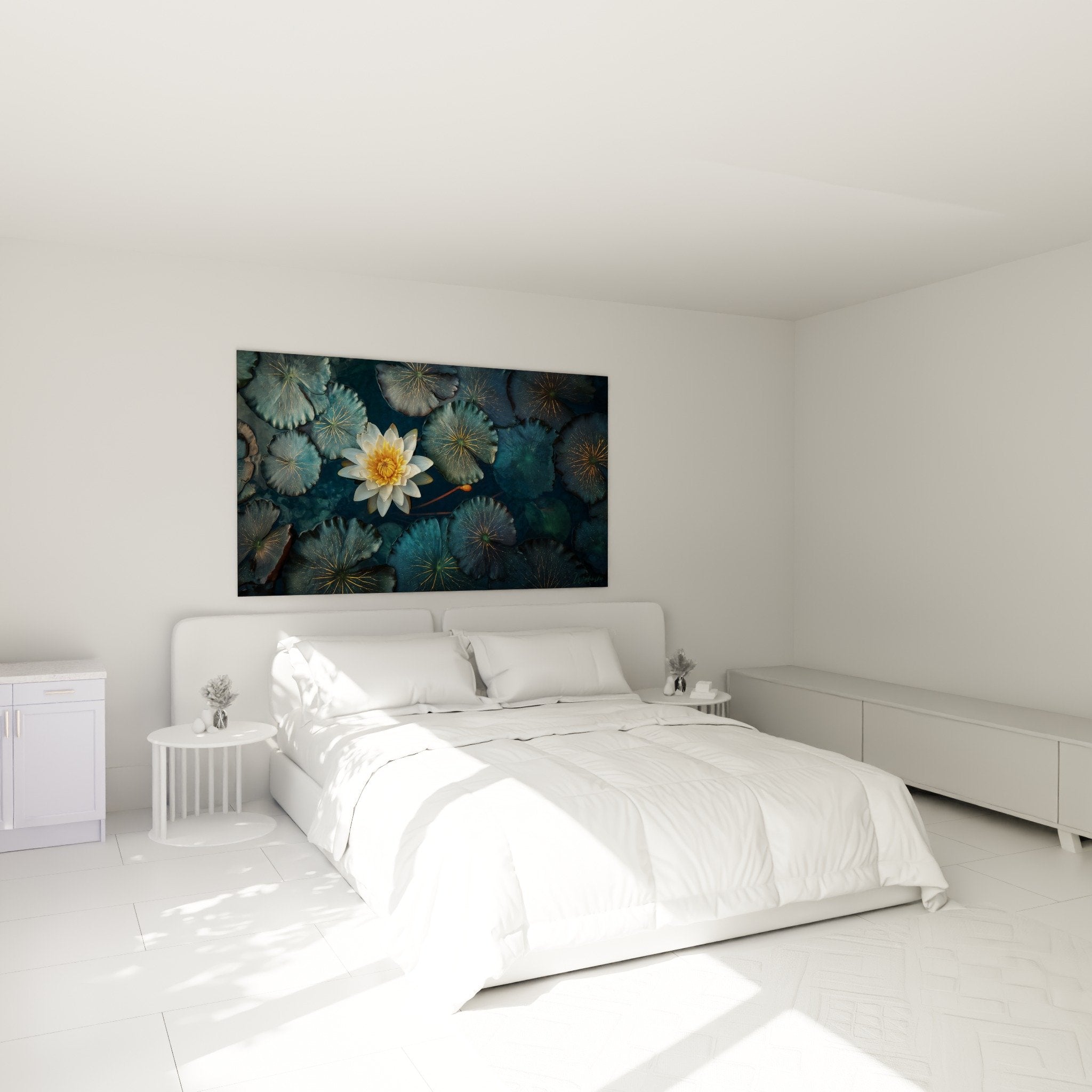 Décoration chambre avec tableau nénuphare bleu et doré, ambiance zen et relaxante
