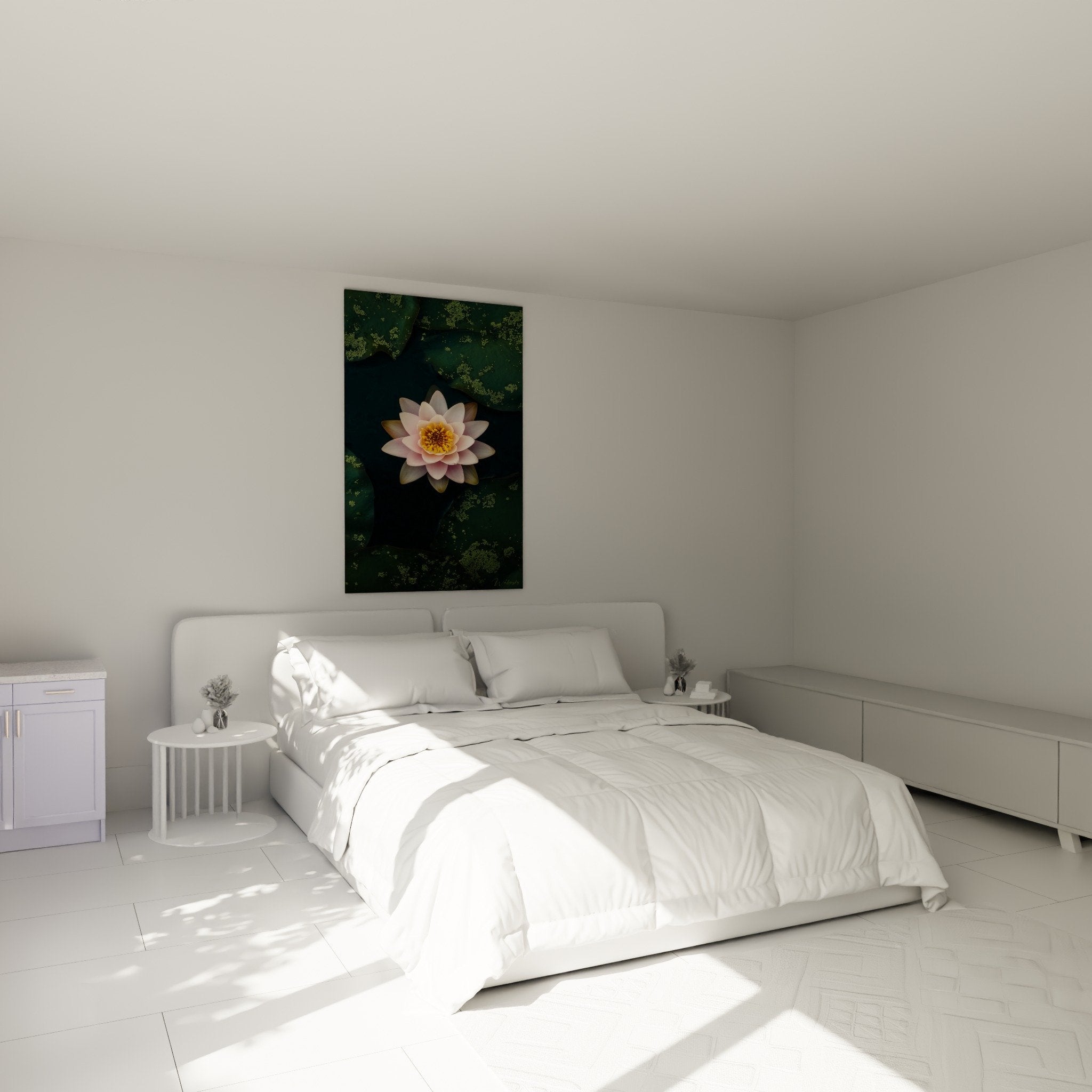 Décoration chambre avec tableau fleur de lotus rose sur eau sombre, ambiance zen et apaisante