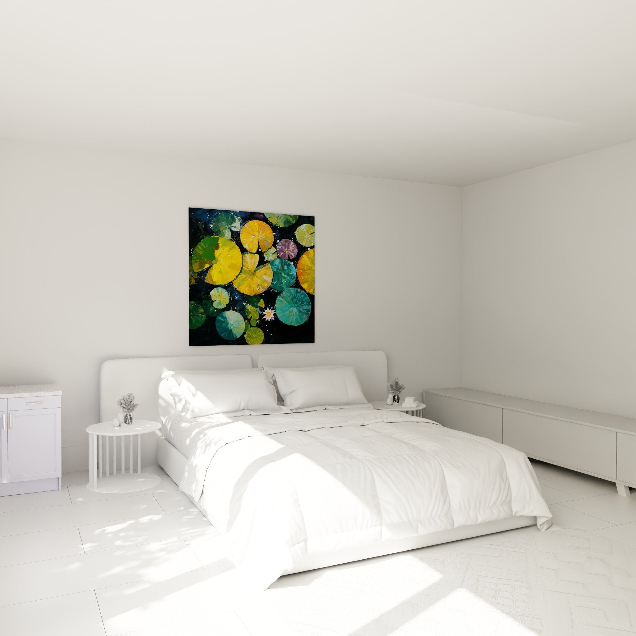 Décoration chambre avec tableau nénuphars multicolores jaunes verts turquoise sur mur blanc