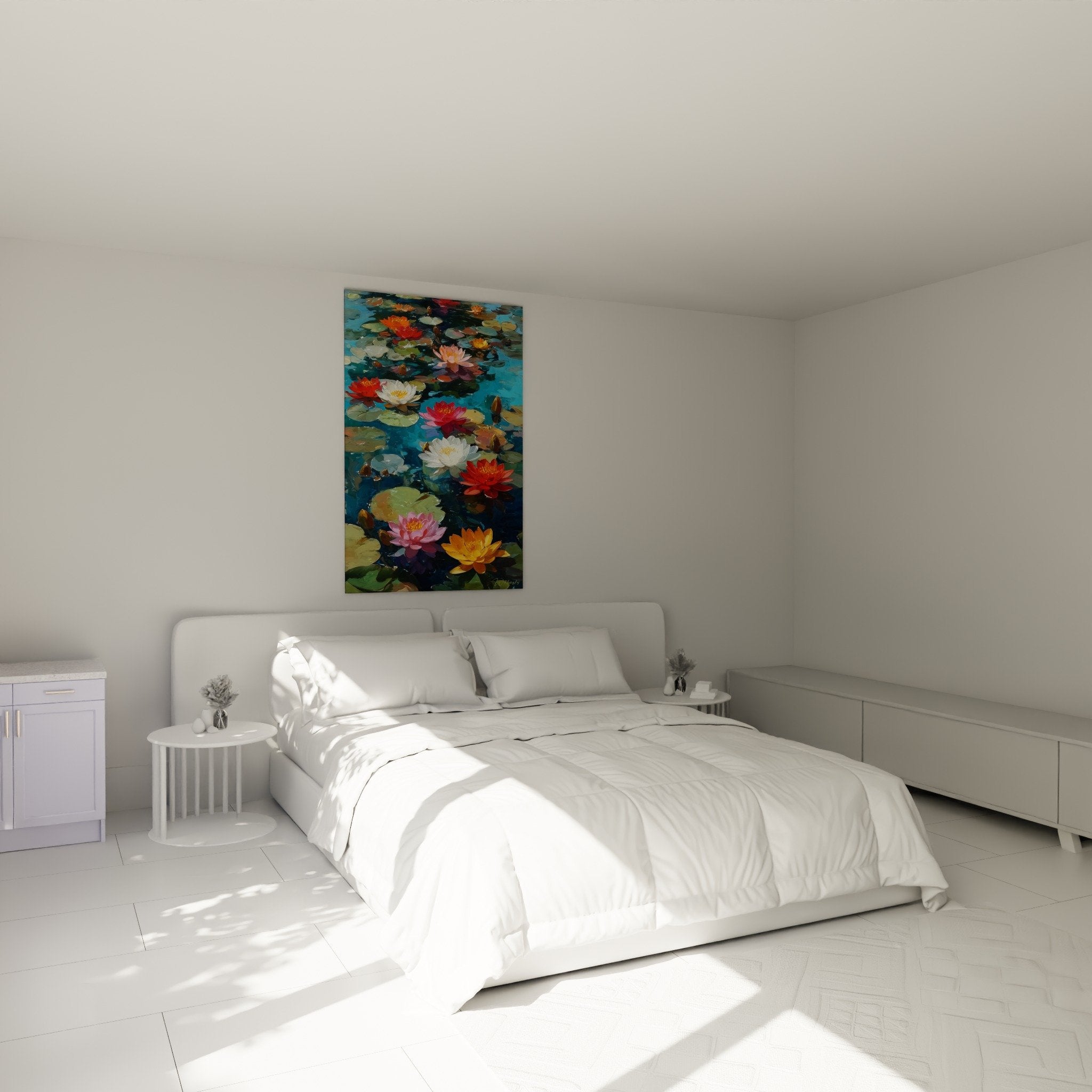 Décoration chambre tableau nénuphars colorés ambiance zen relaxante au-dessus lit mobilier naturel
