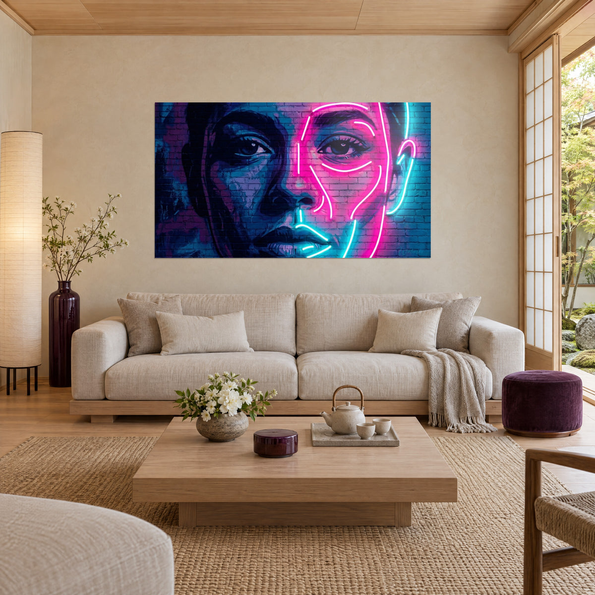 Quadro volto di donna dai contorni al neon rosa vivo su un muro di mattoni blu notte, sopra un divano in un soggiorno luminoso