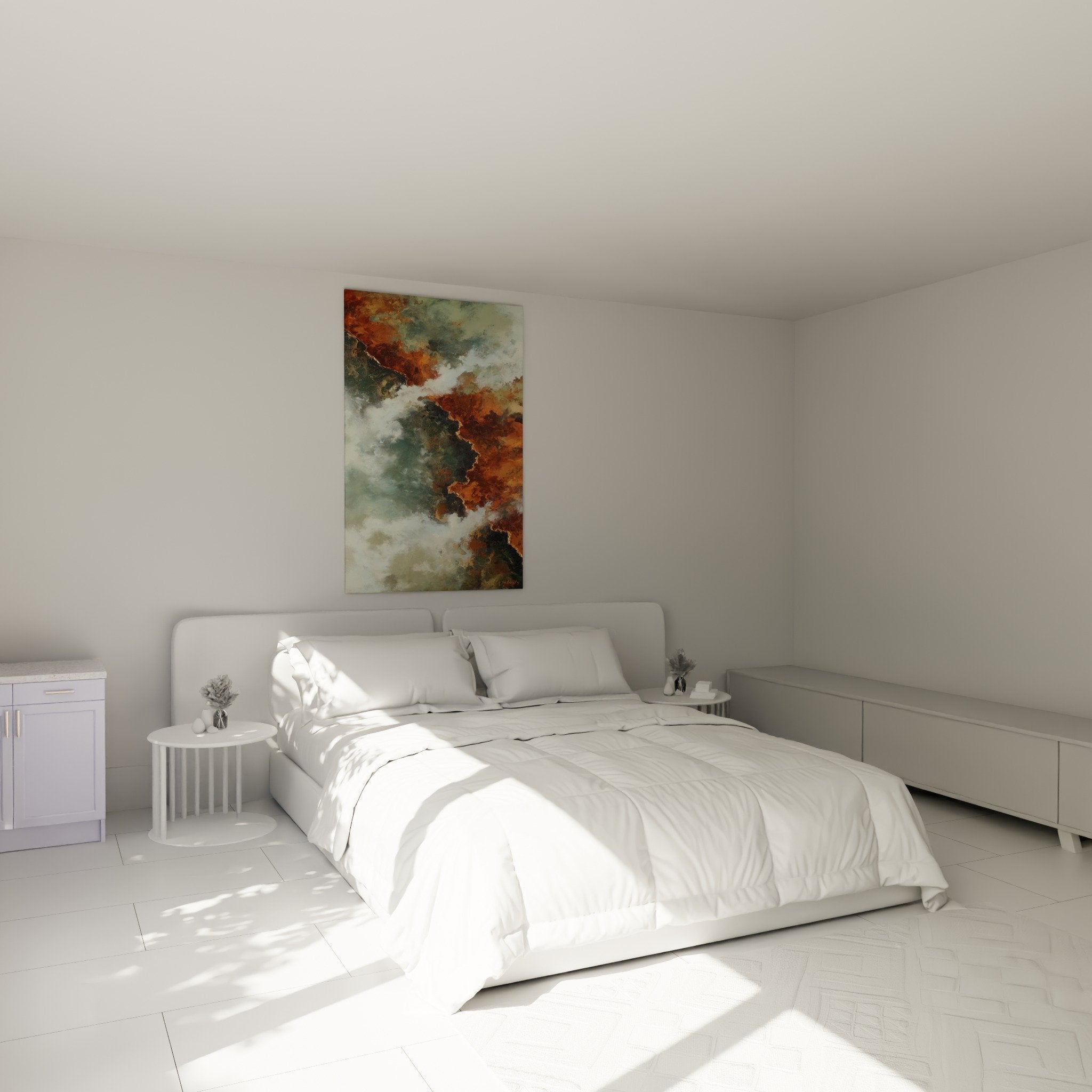 Bedroom decor with abstract cloud painting in copper and gray tones, calming North-East Feng shui ambiance