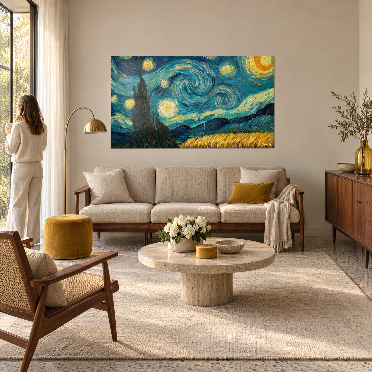 Quadro cielo vorticoso blu notte e giallo sole, cipresso scuro a sinistra, visto di spalle da una donna, sopra un divano in un soggiorno luminoso